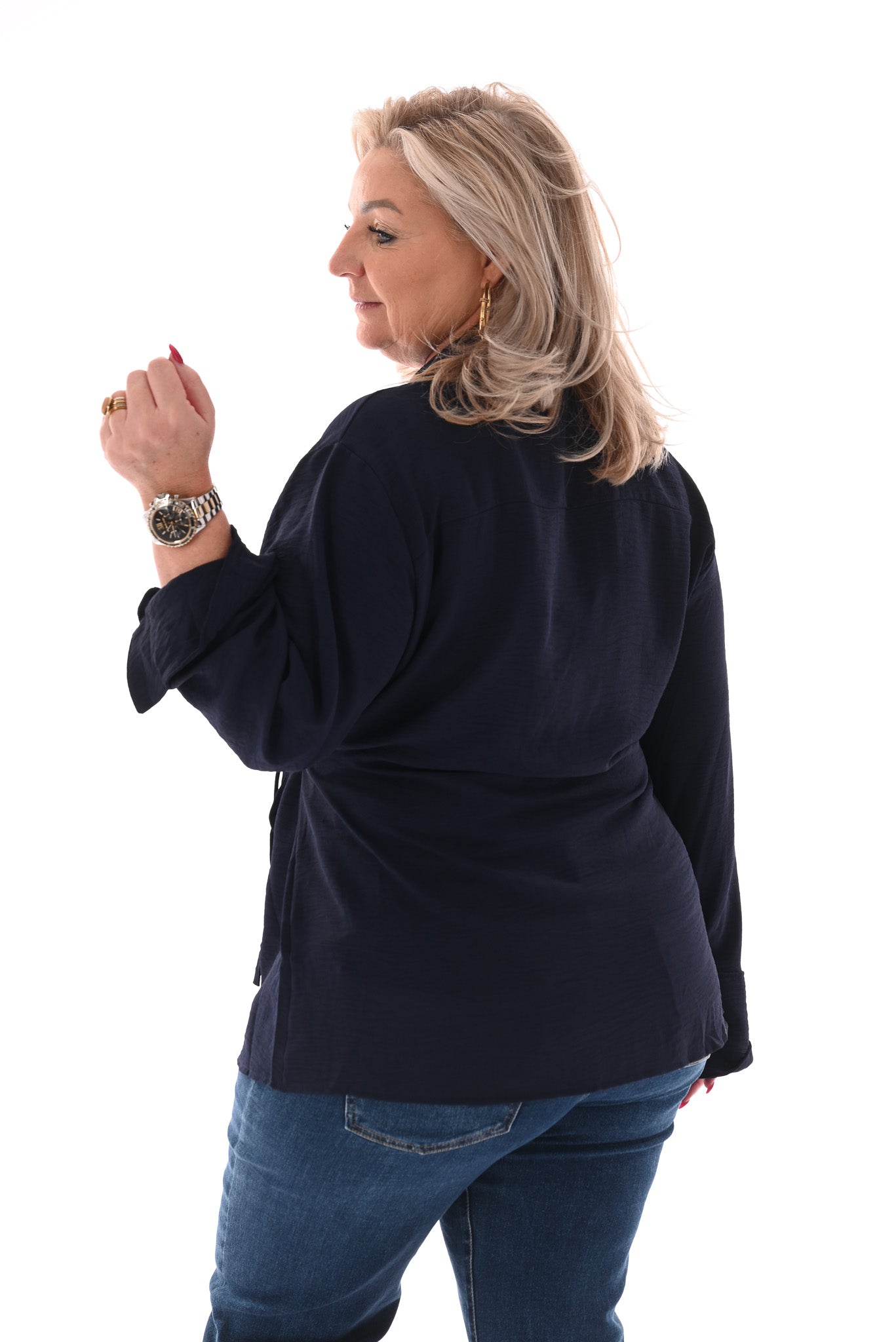 Top overslag trompetmouwen uni marineblauw