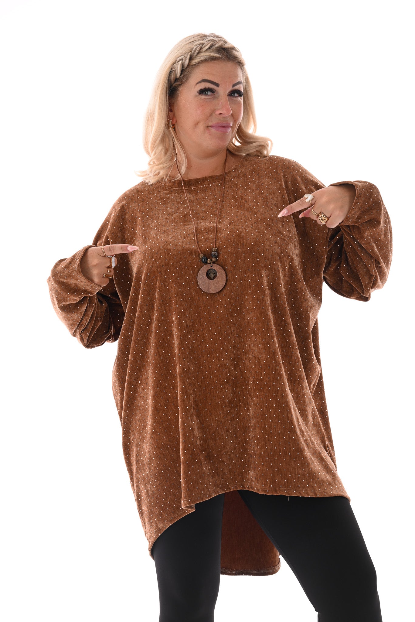 Velvet tuniek met strass en ketting bruin