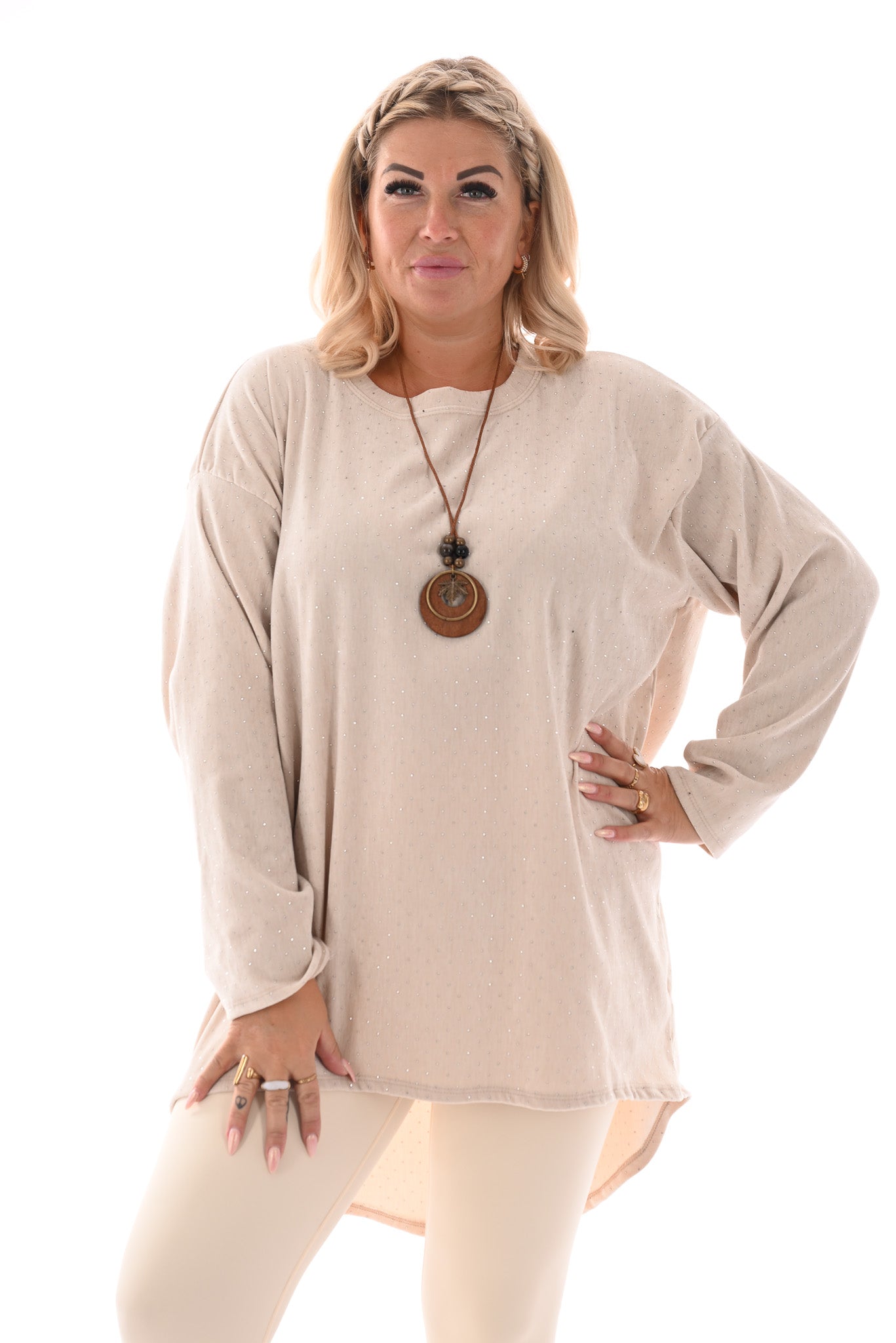Velvet tuniek met strass en ketting creme