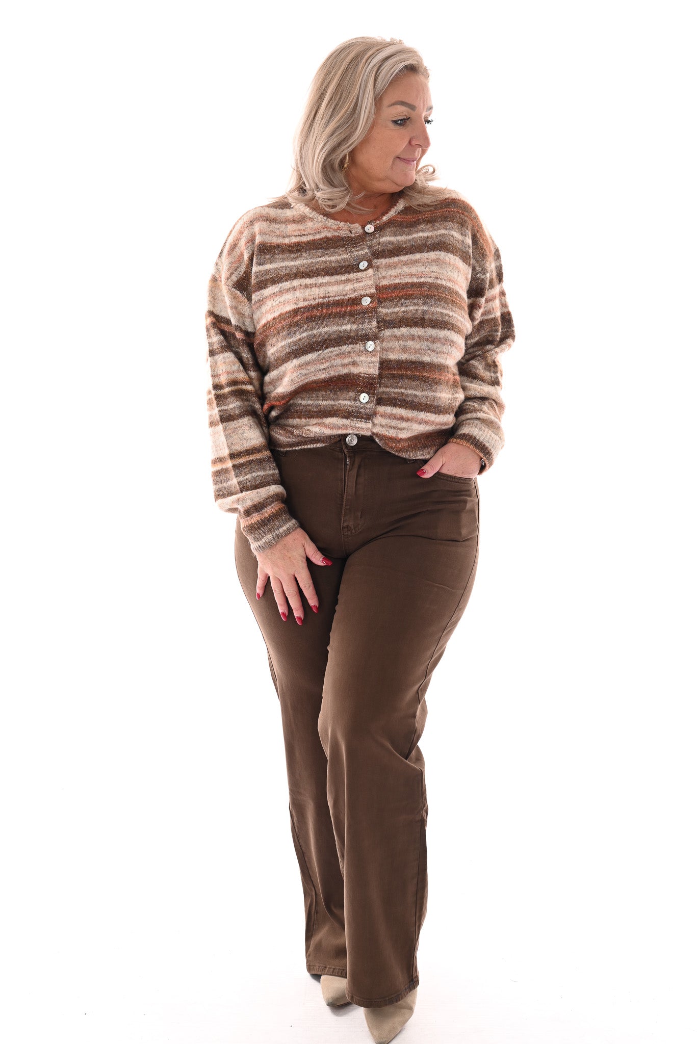 Doorknoop vest met streeppatroon beige/bruin
