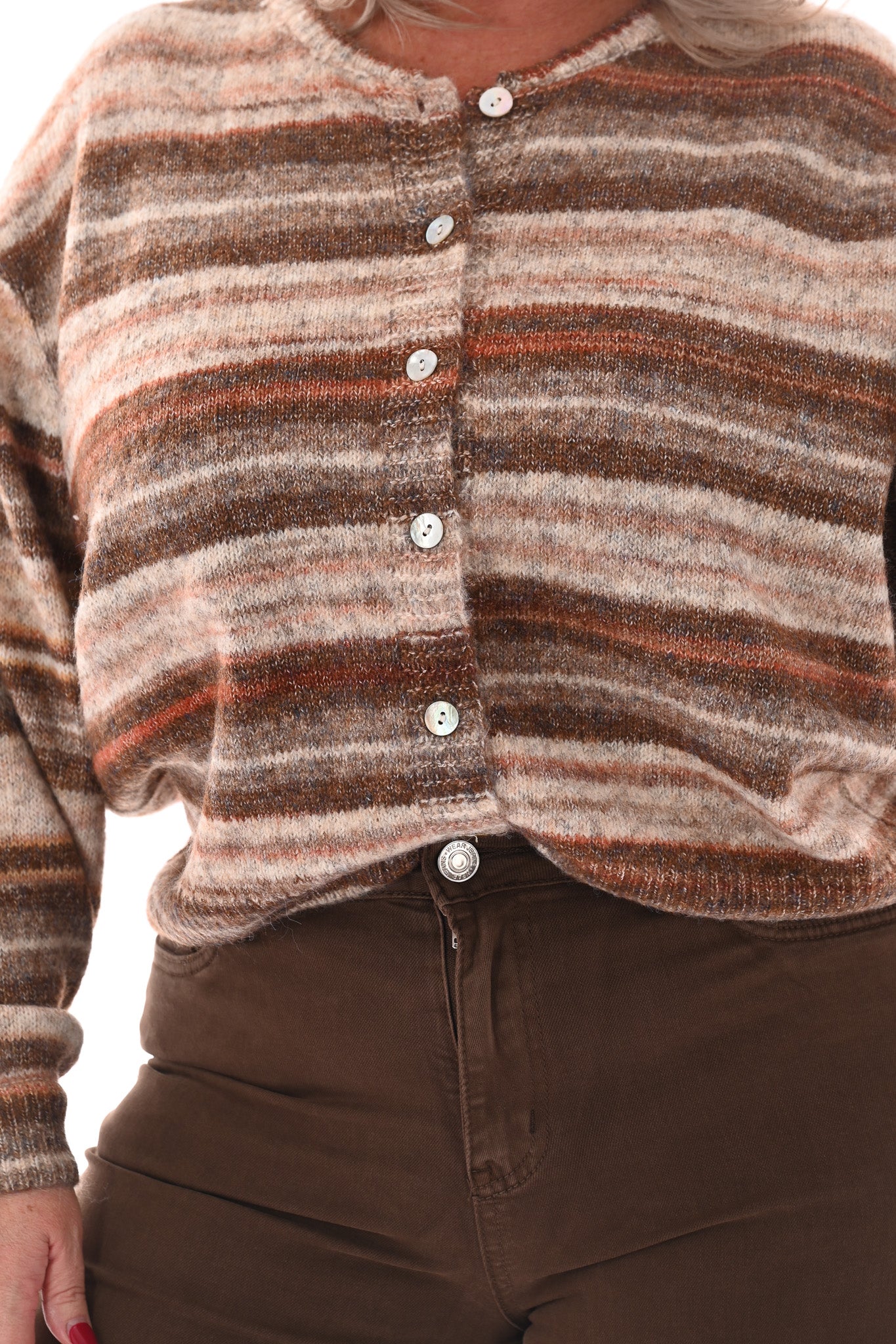 Doorknoop vest met streeppatroon beige/bruin