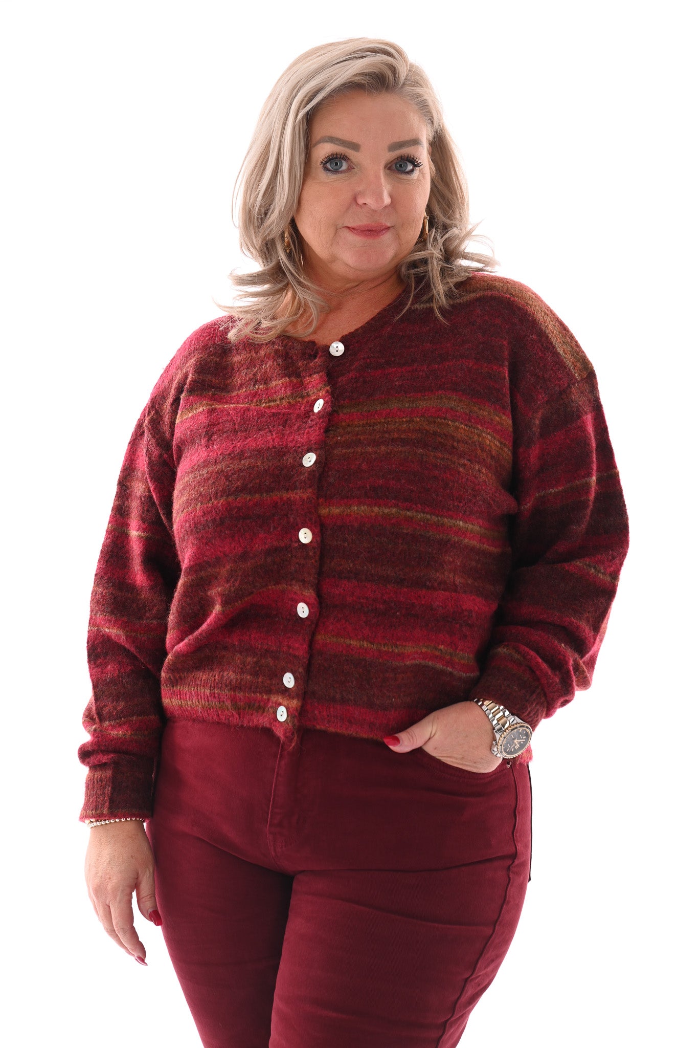 Doorknoop vest met streeppatroon rood/bordeaux
