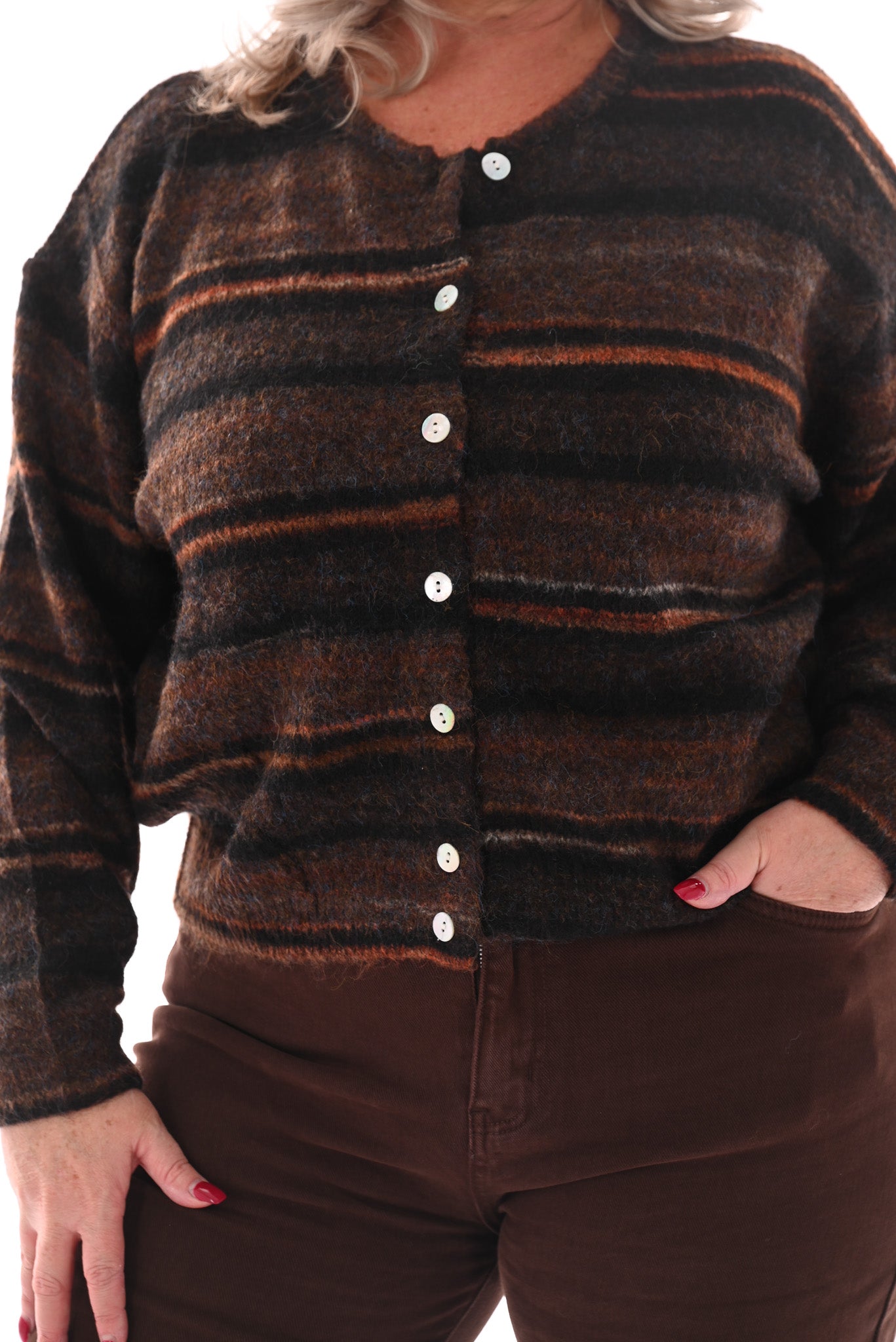 Doorknoop vest met streeppatroon bruin/oranje