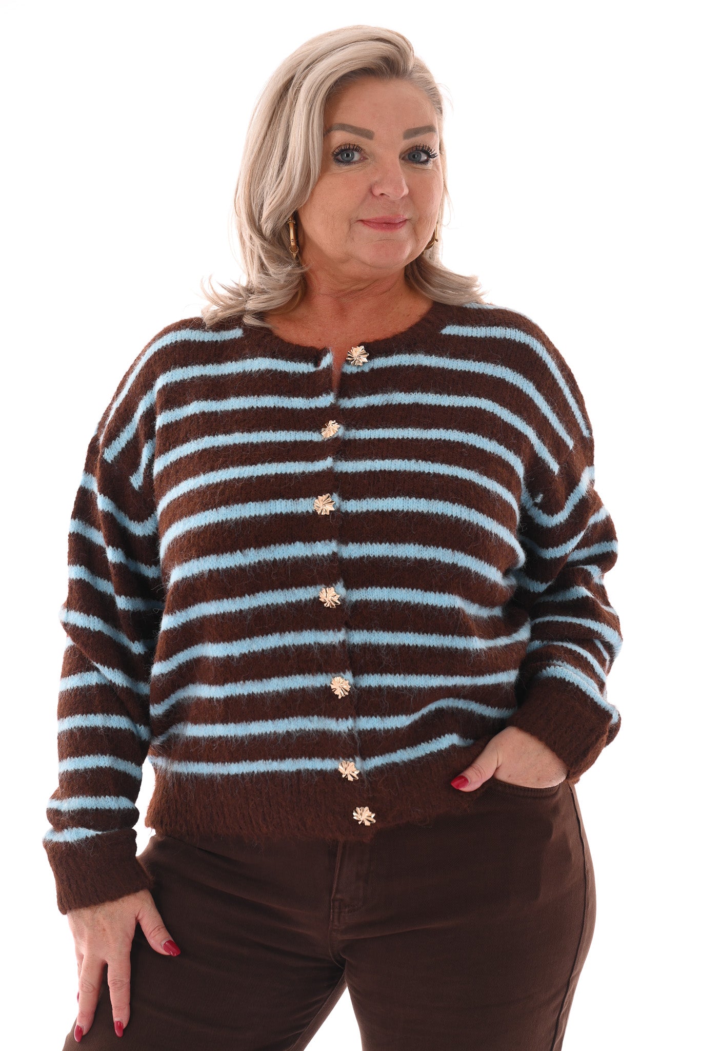 Fijn gebreid vestje strepen blauw/bruin
