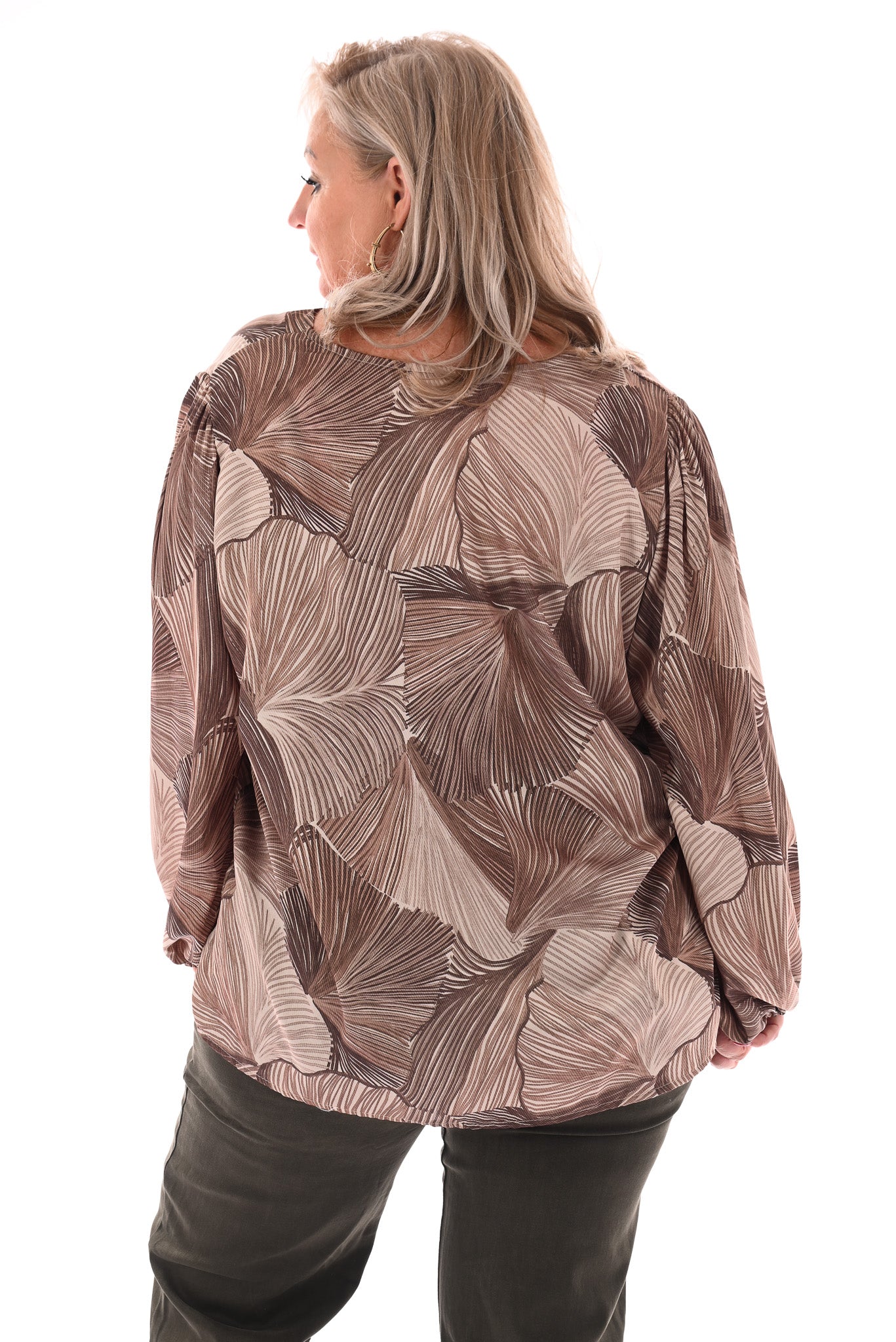 Blouse bladeren v-hals bruin/beige