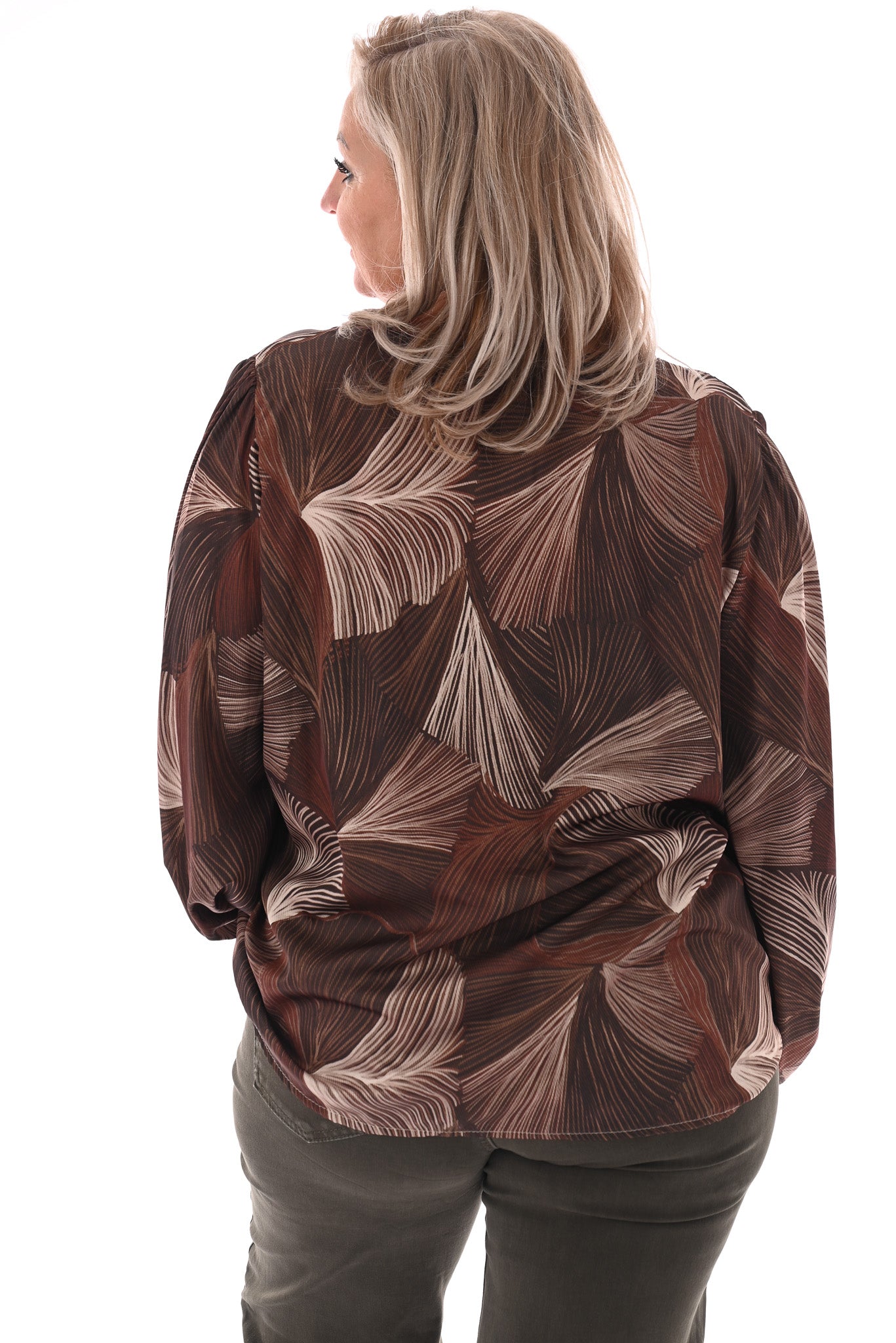 Blouse bladeren v-hals donkerbruin/beige