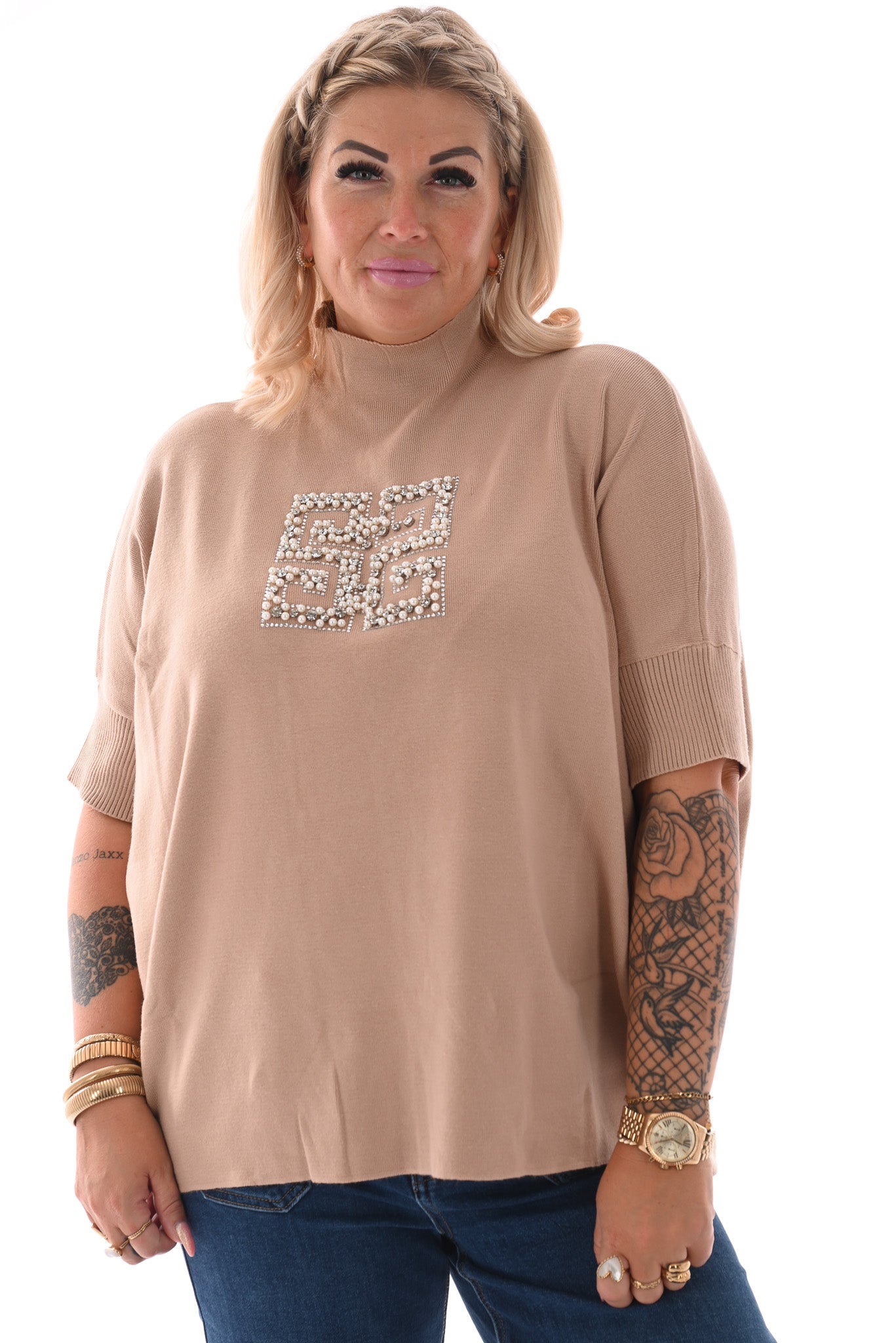 Trui met glitters en parels camel