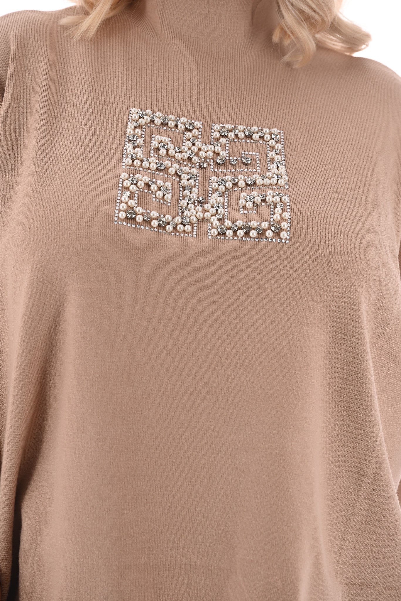 Trui met glitters en parels camel