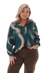 Blouse v-hals met kraag vegen petrol/beige