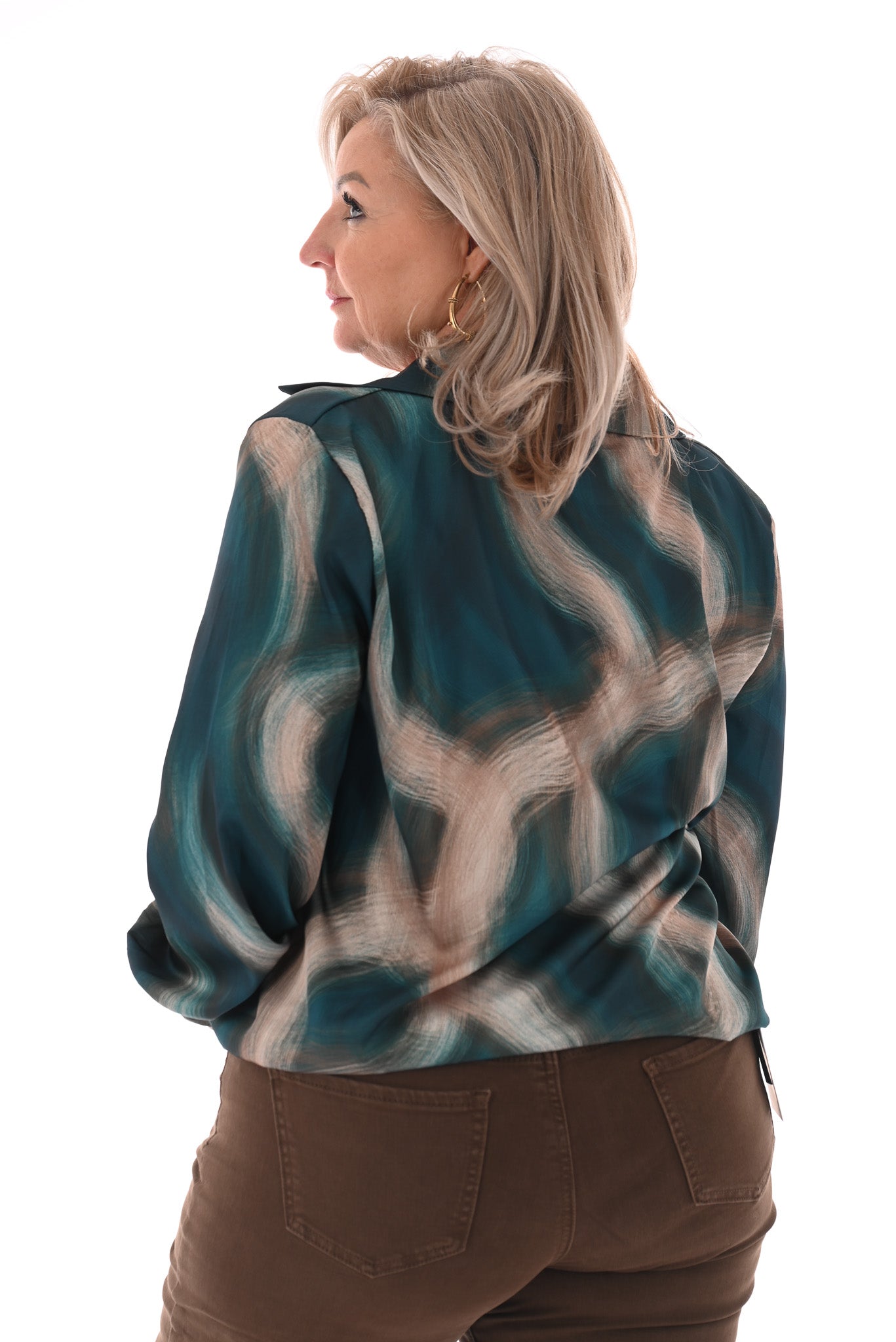 Blouse v-hals met kraag vegen petrol/beige