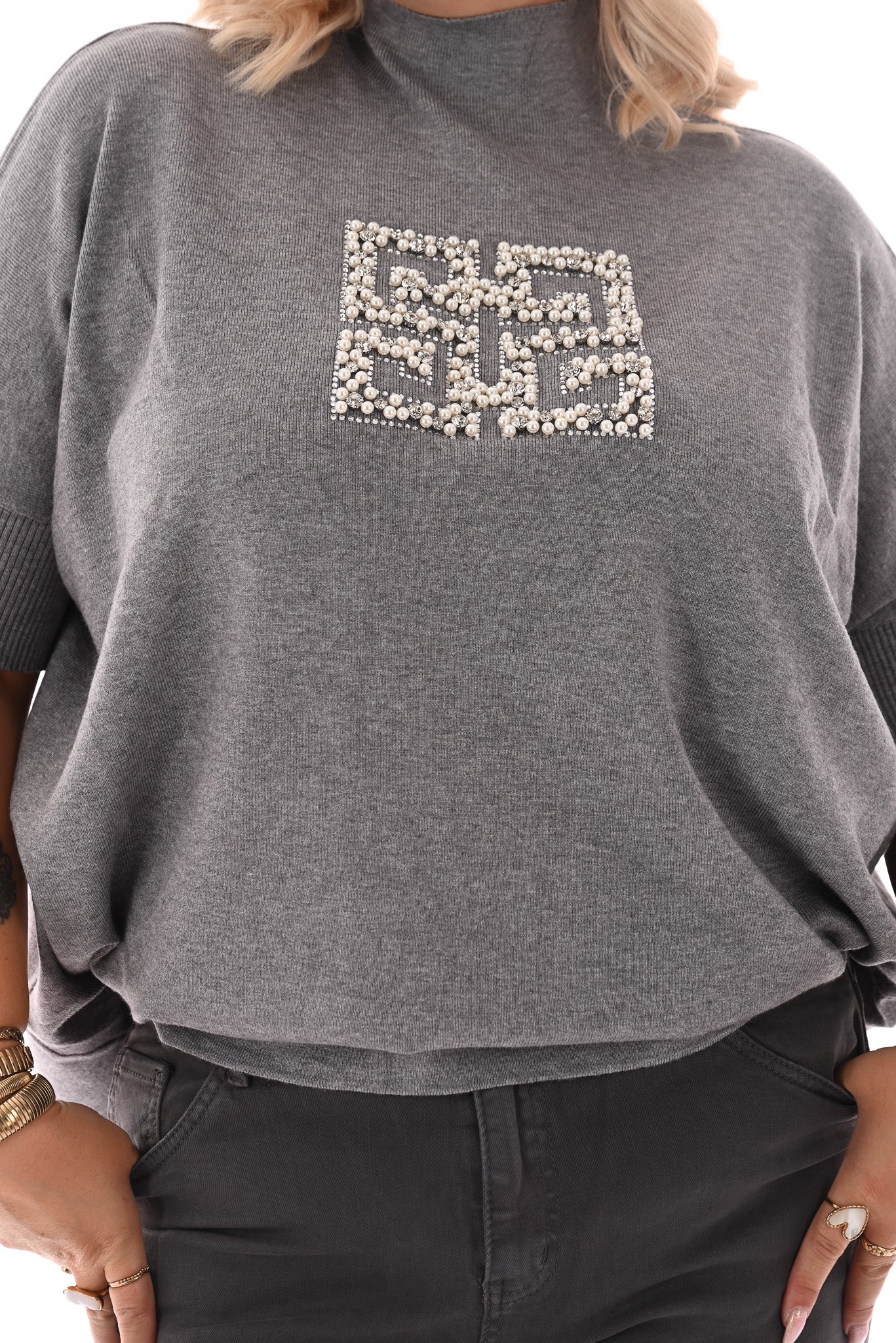 Trui met glitters en parels grijs