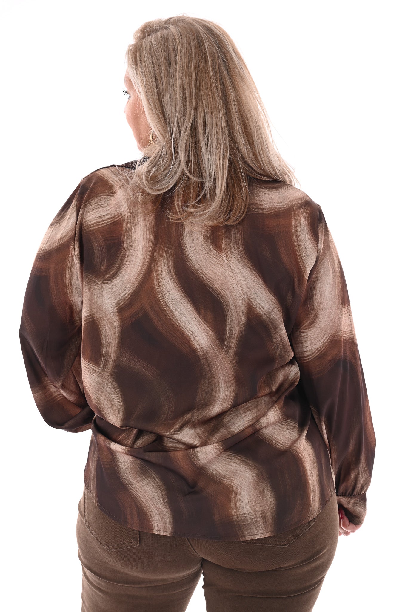 Blouse v-hals met kraag vegen donkerbruin/beige