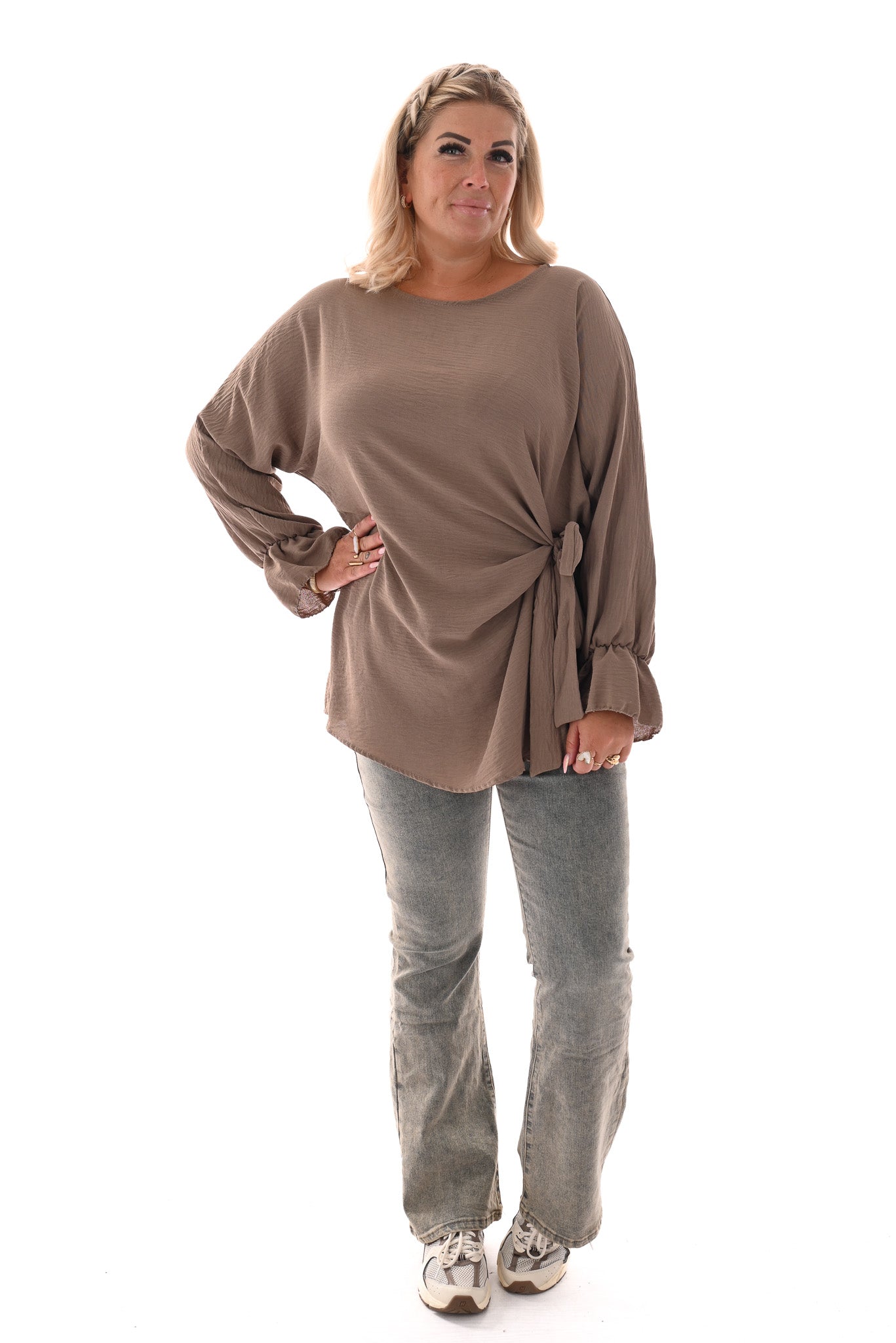 Top overslag met strik uni taupe