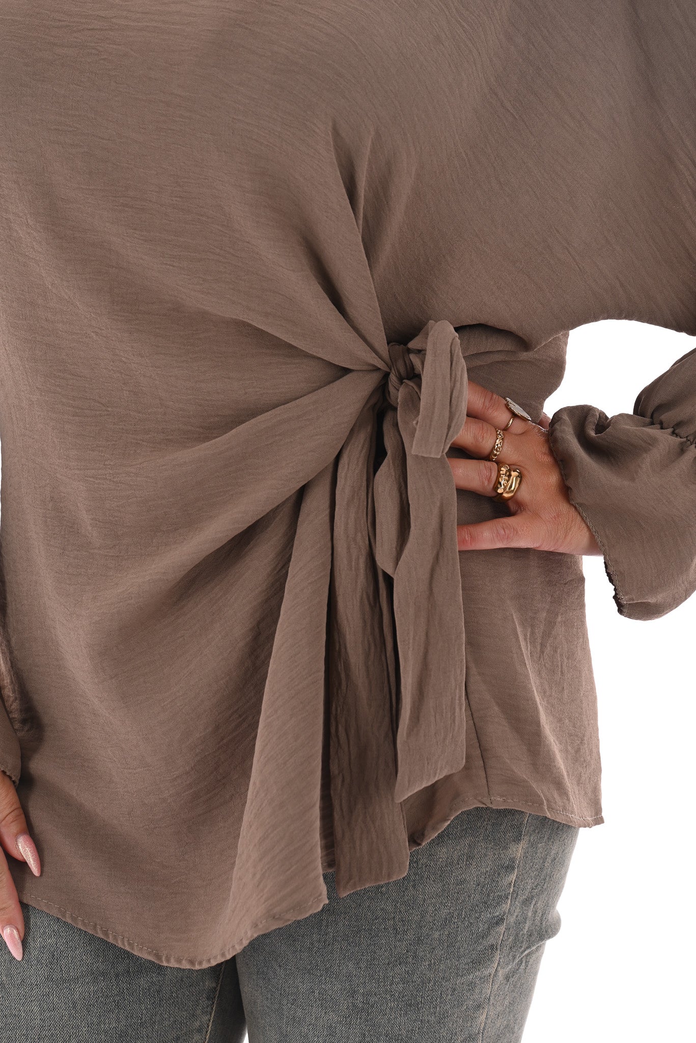 Top overslag met strik uni taupe