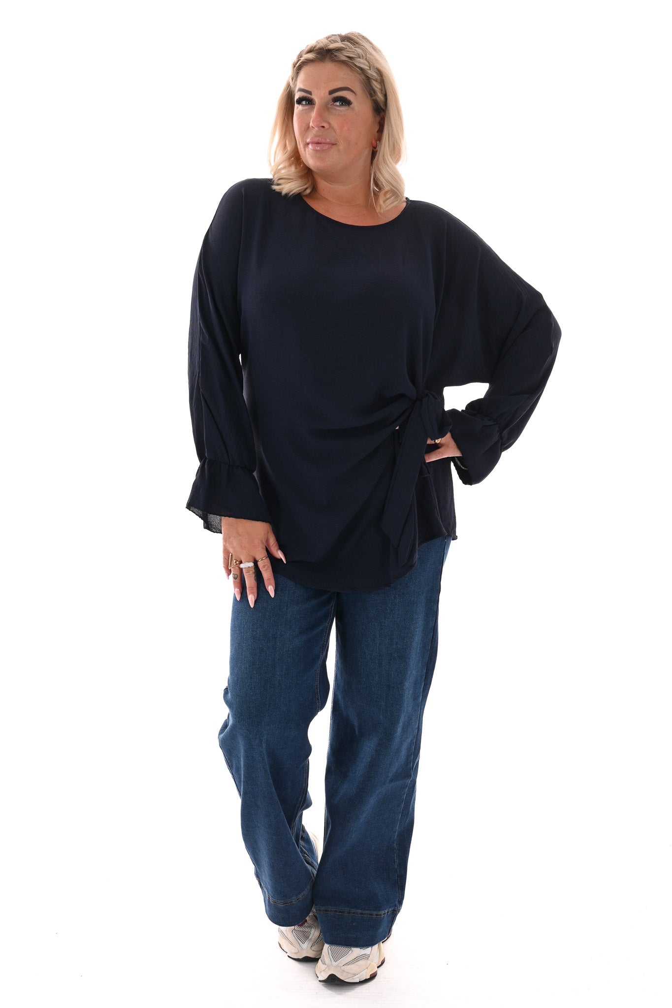Top overslag met strik uni marineblauw