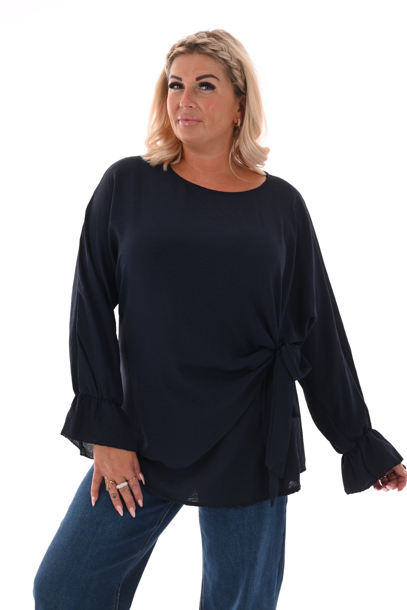 Top overslag met strik uni marineblauw