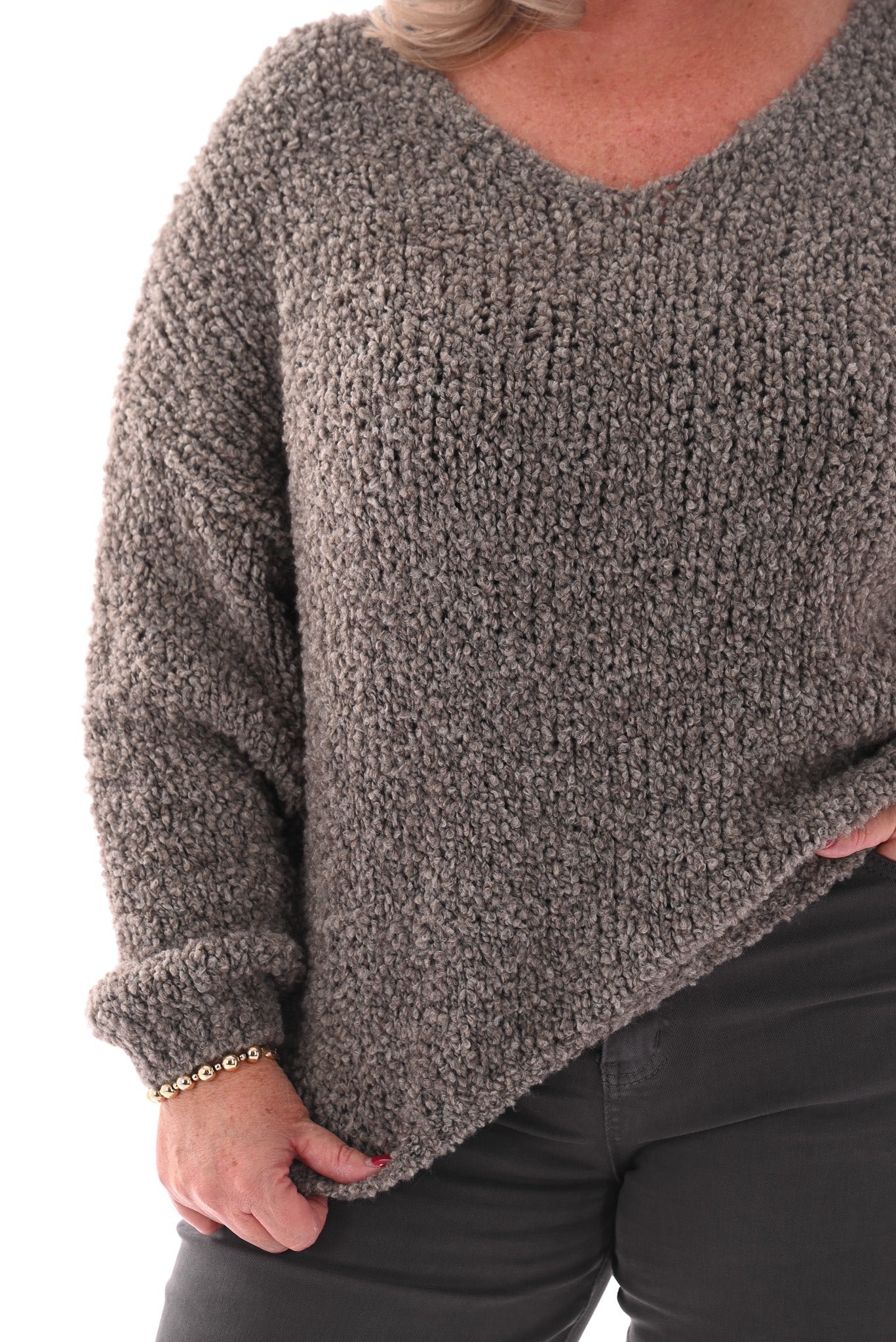 Boucle trui v-hals taupe