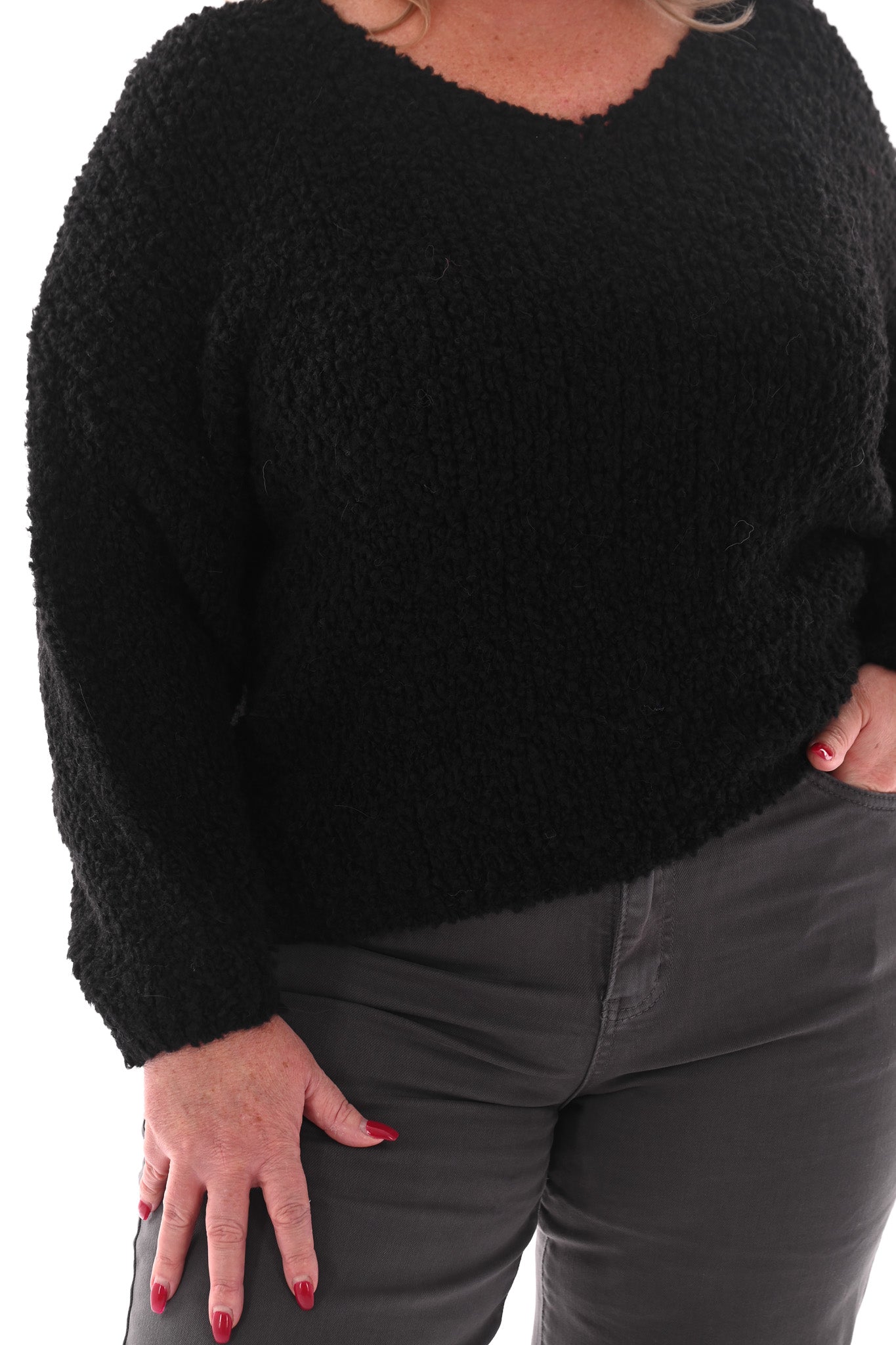 Boucle trui v-hals zwart