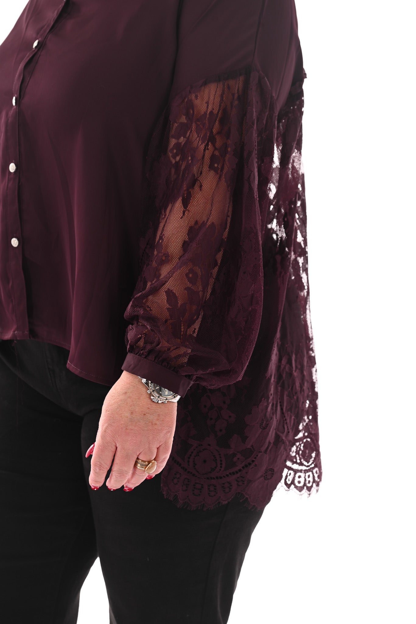 Doorknoop blouse kant aubergine