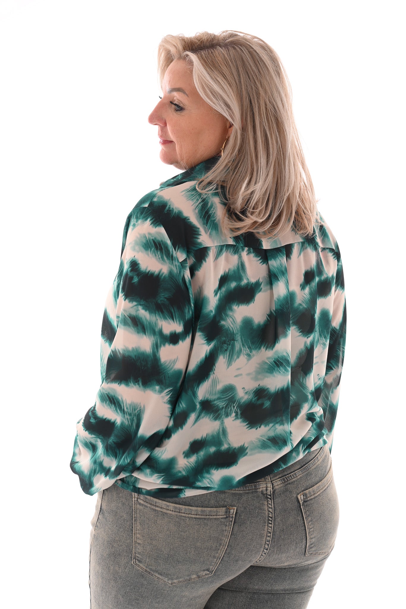 Top overslag met kraag abstracte veerprint flessengroen