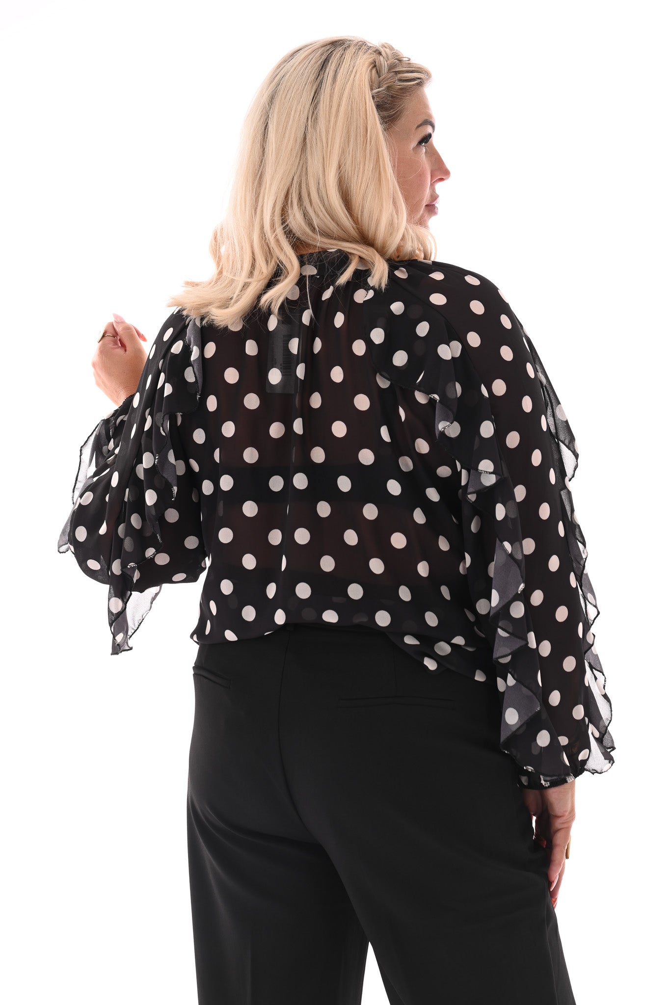 Doorknoop blouse ruffels dots zwart