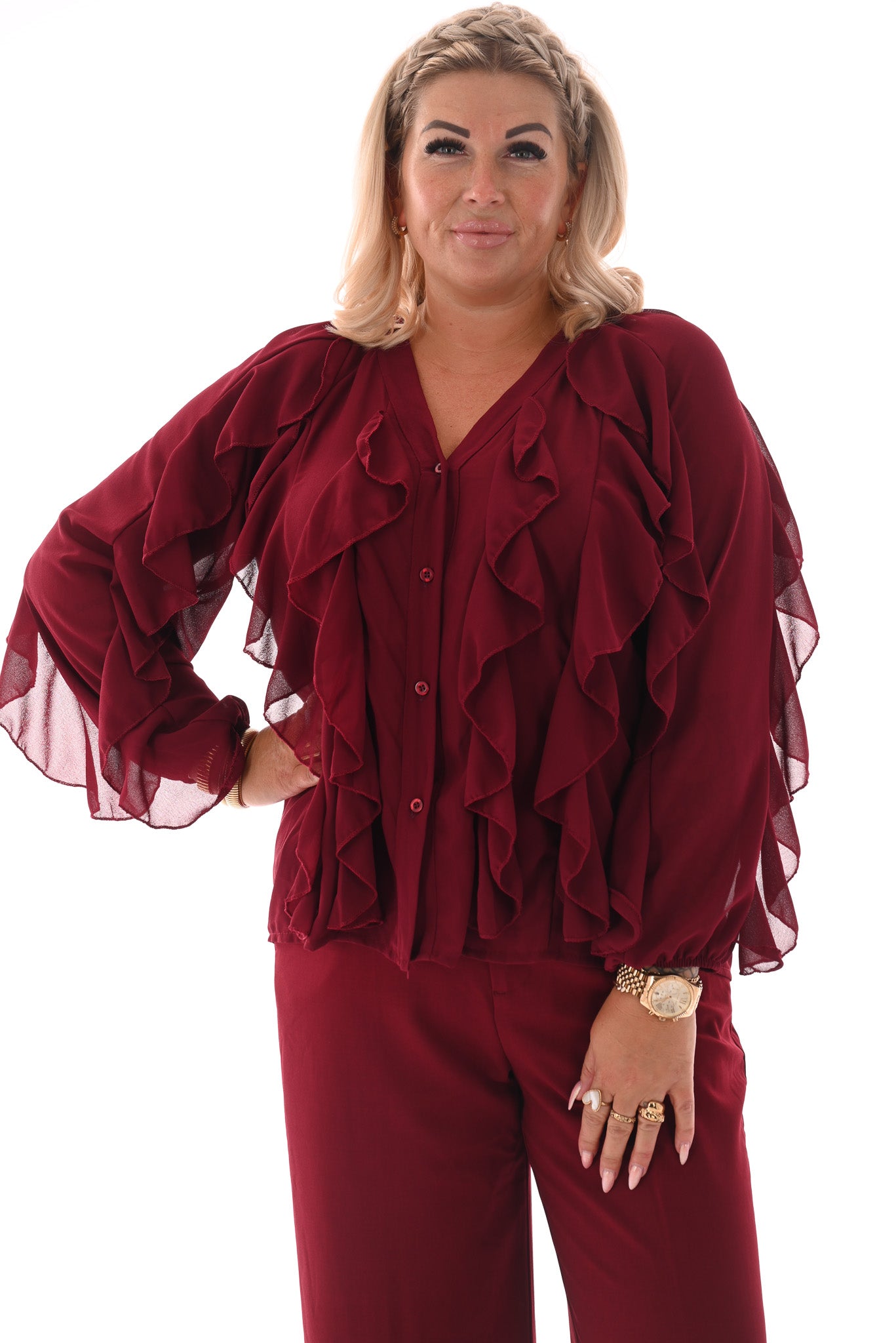 Doorknoop blouse ruffels uni bordeaux
