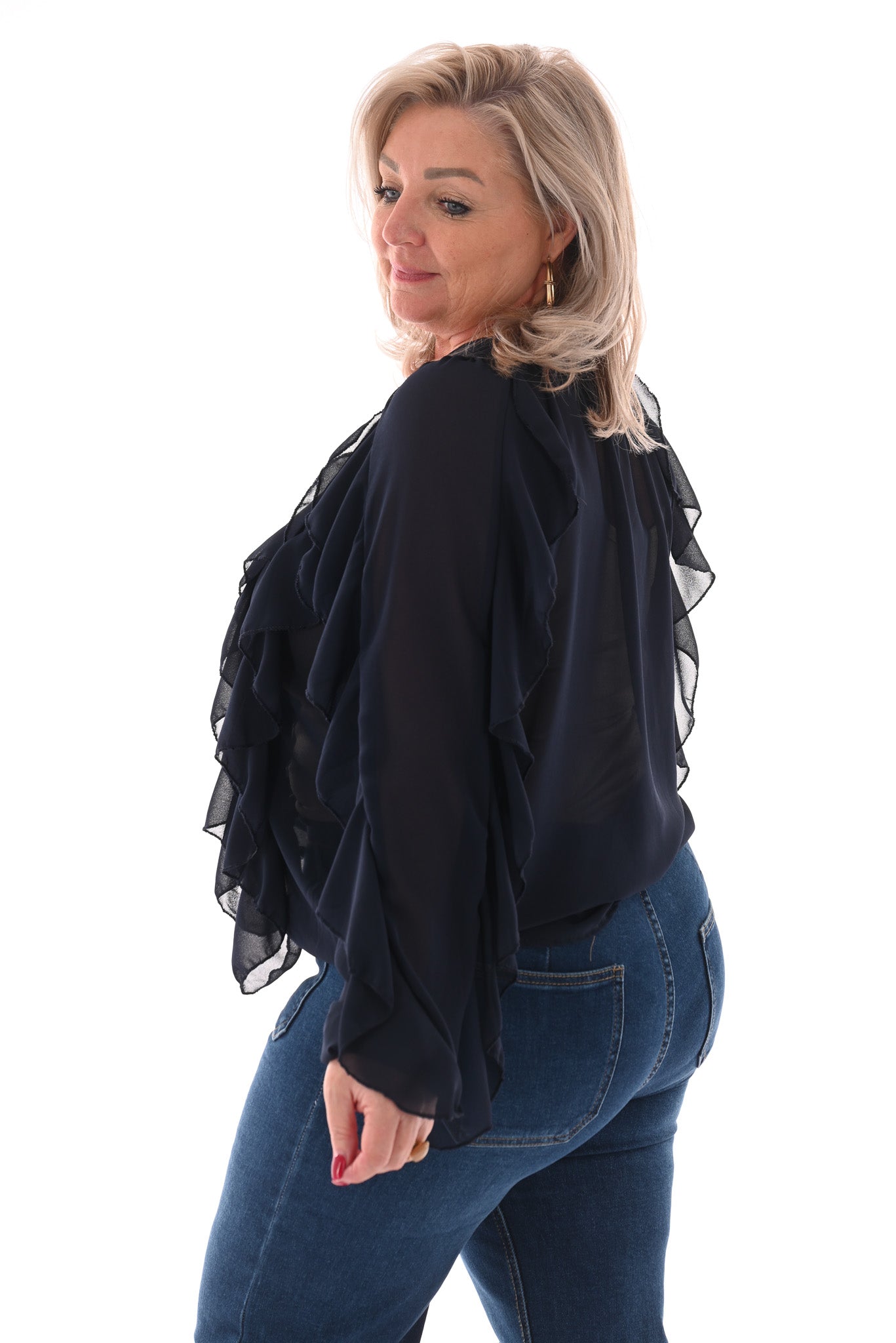 Doorknoop blouse ruffels uni marineblauw