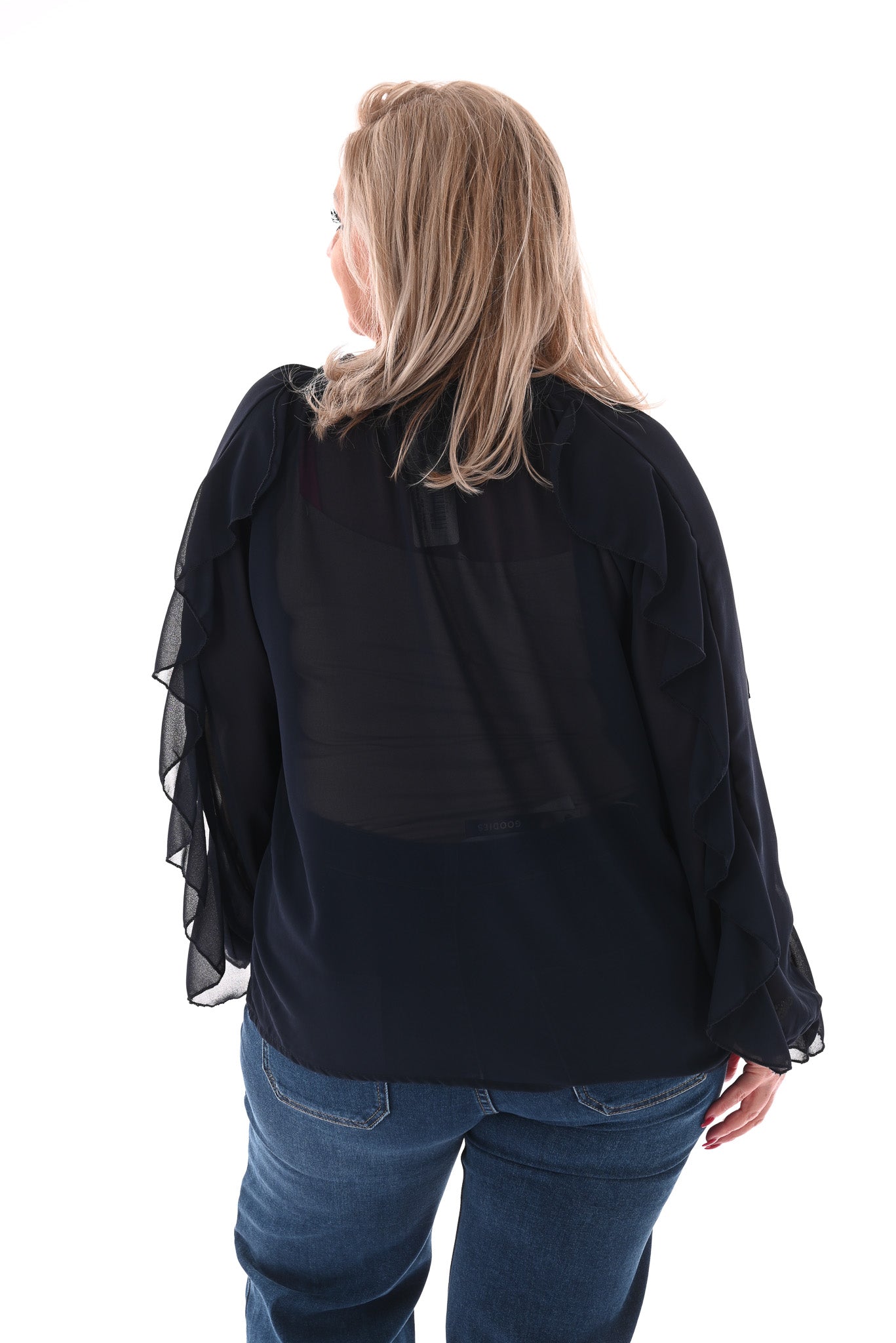 Doorknoop blouse ruffels uni marineblauw
