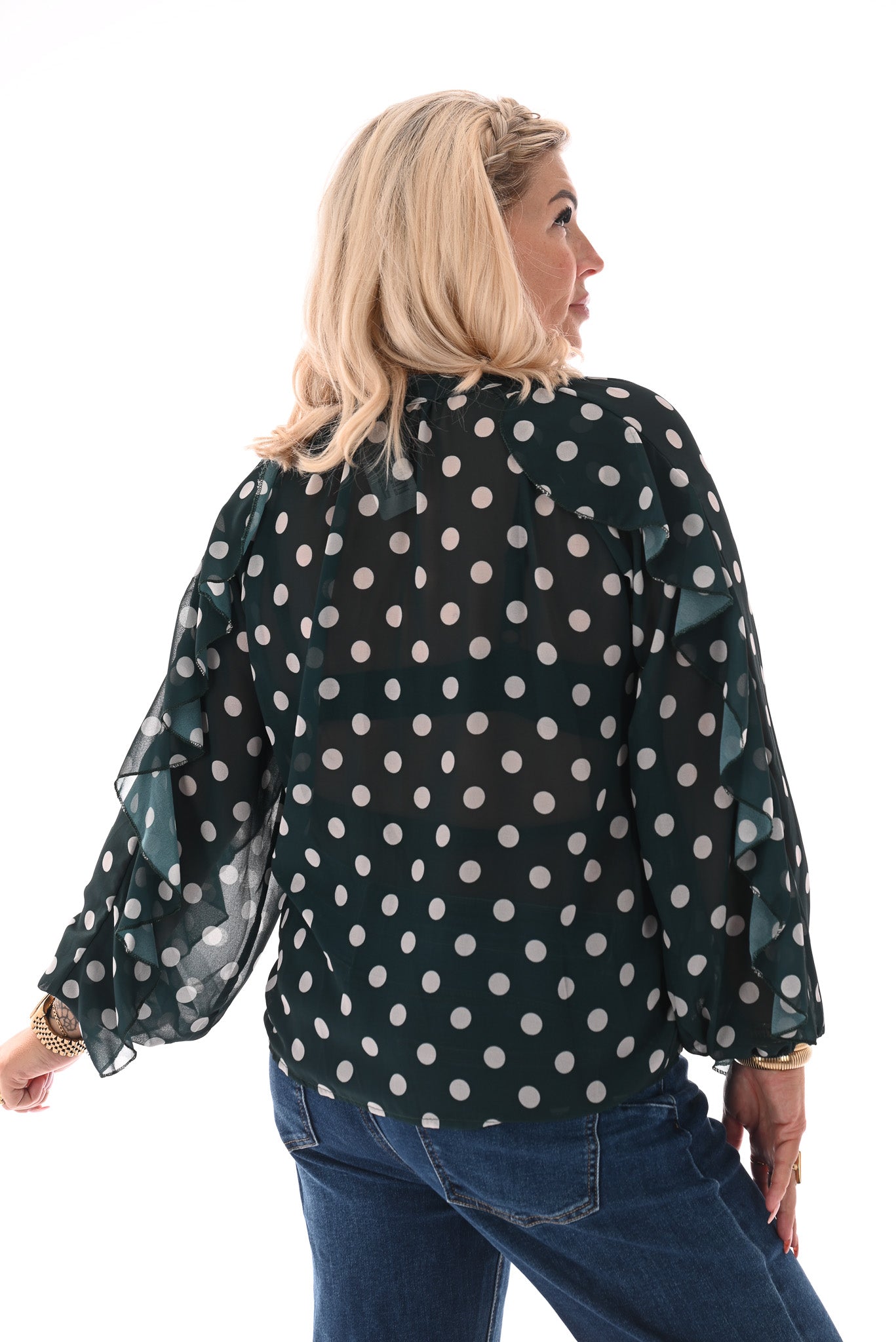 Doorknoop blouse ruffels dots flessengroen