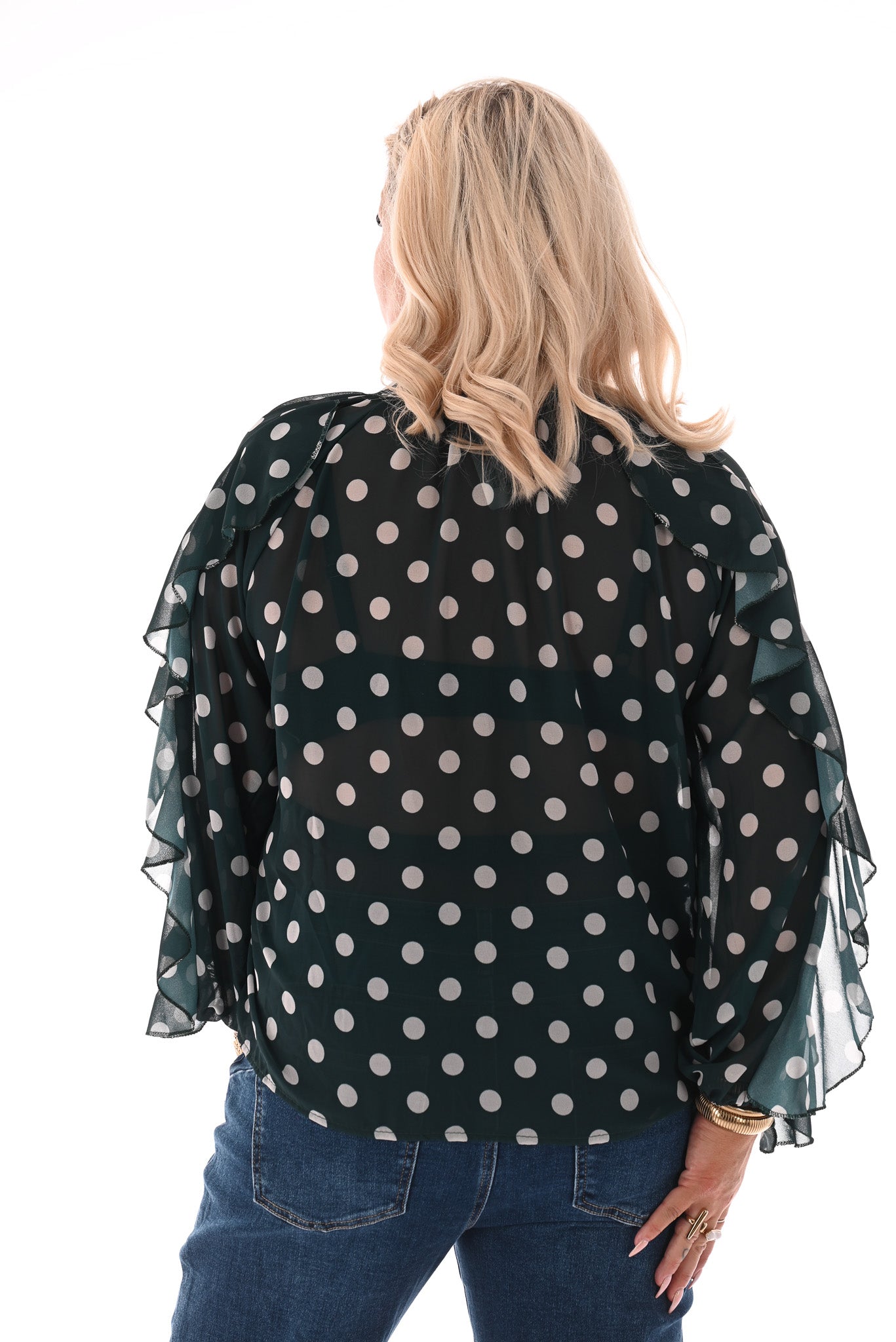 Doorknoop blouse ruffels dots flessengroen