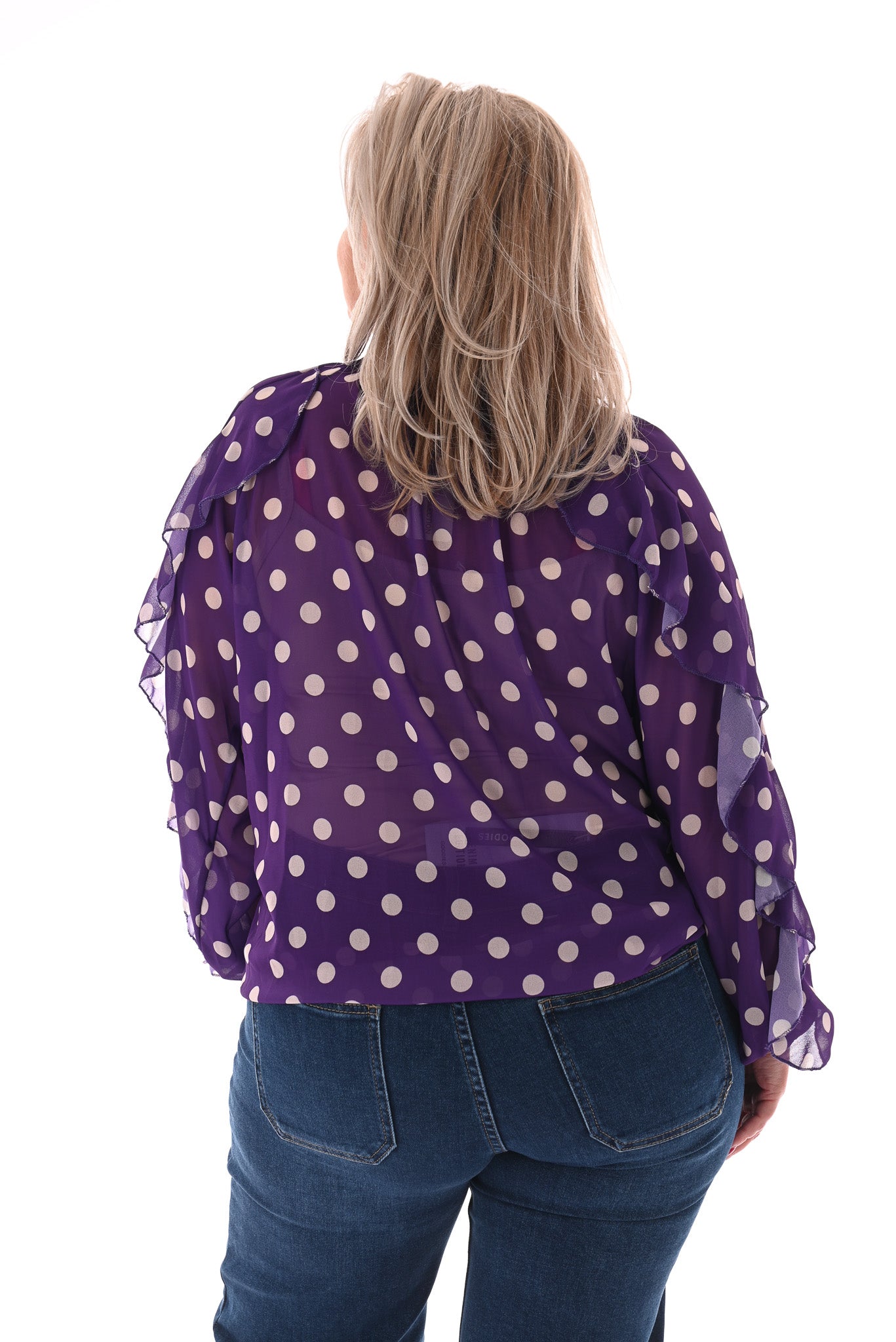 Doorknoop blouse ruffels dots paars