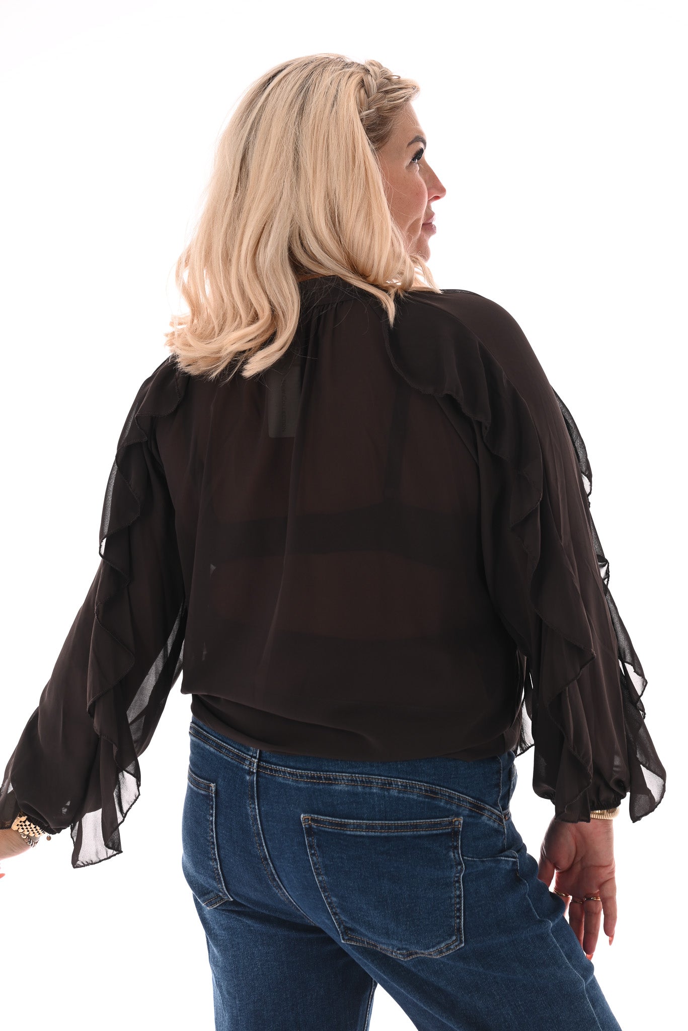 Doorknoop blouse ruffels uni donkerbruin