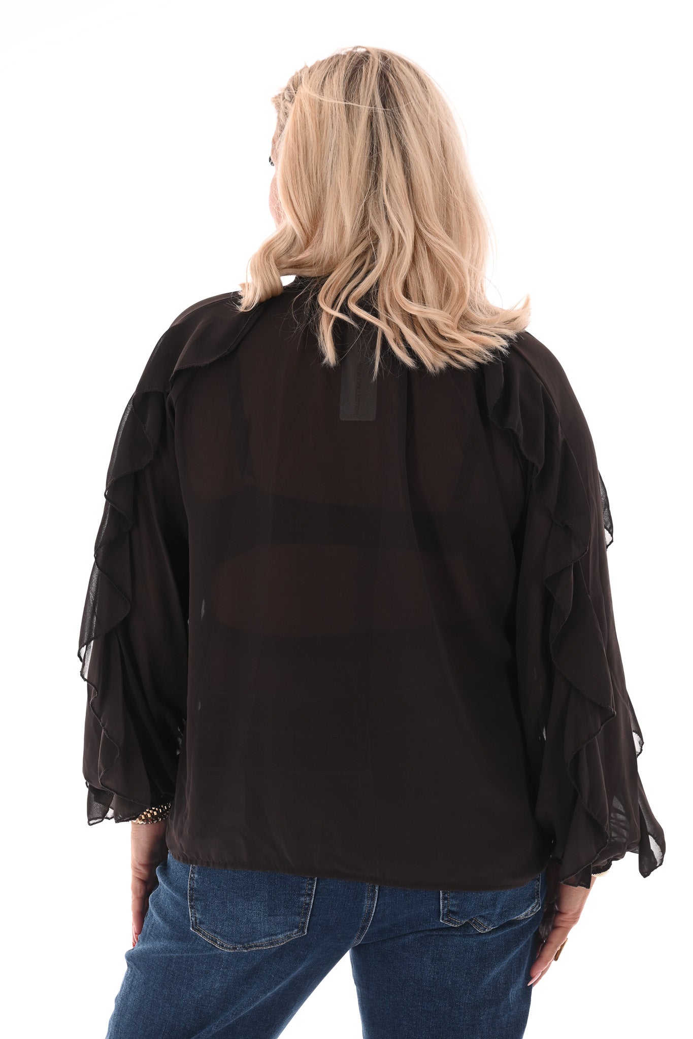 Doorknoop blouse ruffels uni donkerbruin