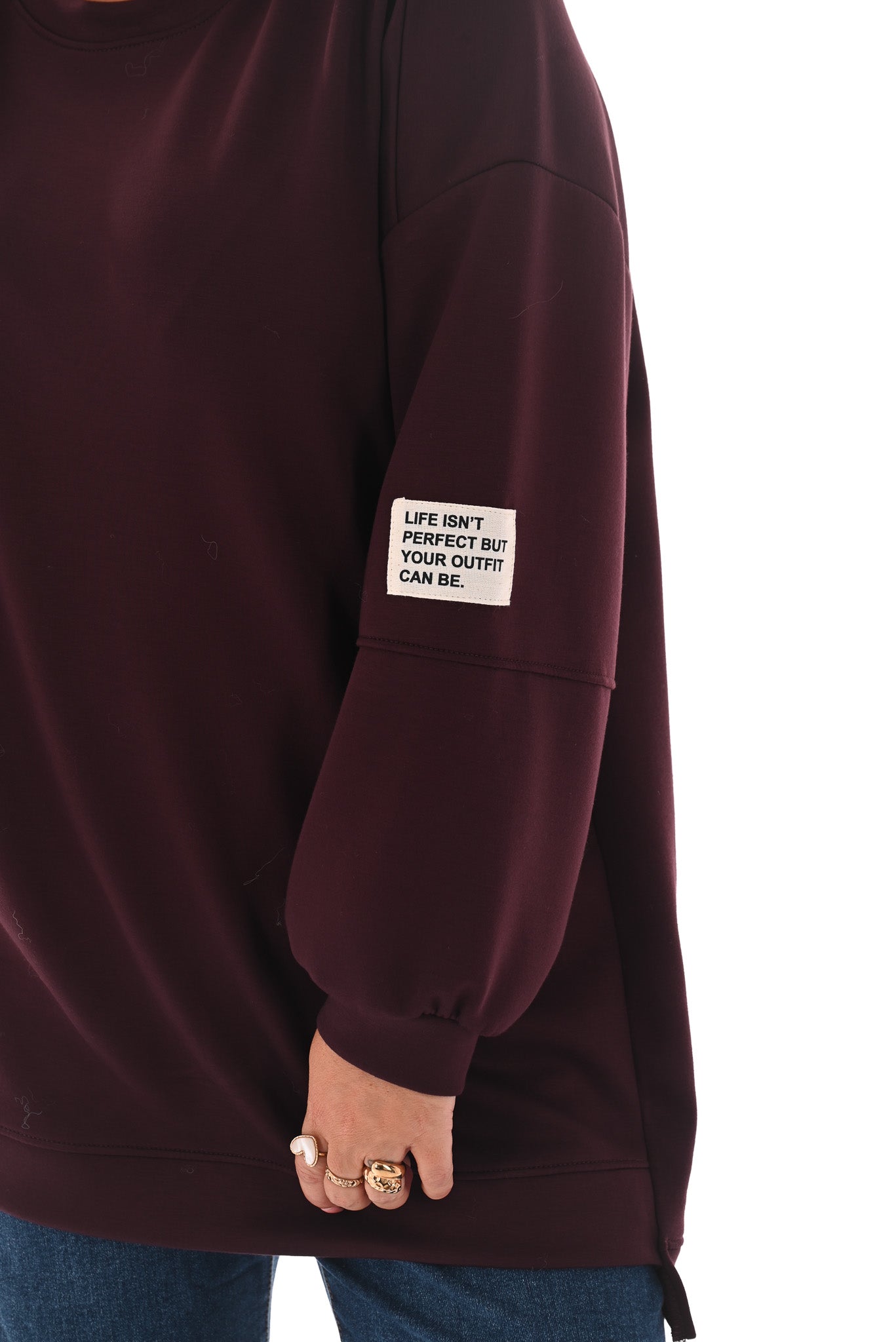 Sweater pofmouwen met applicatie aubergine