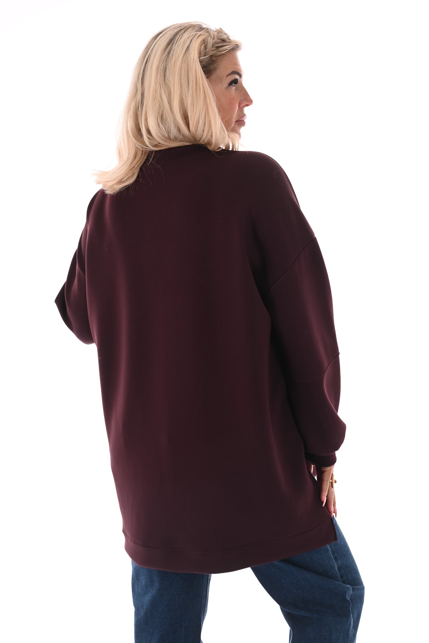 Sweater pofmouwen met applicatie aubergine