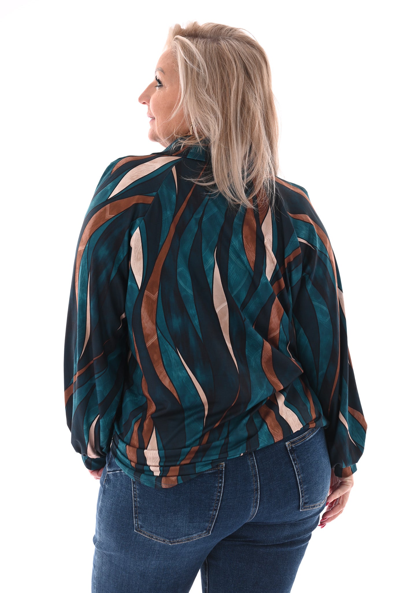 Top v-hals met kraag abstracte blad print petrol