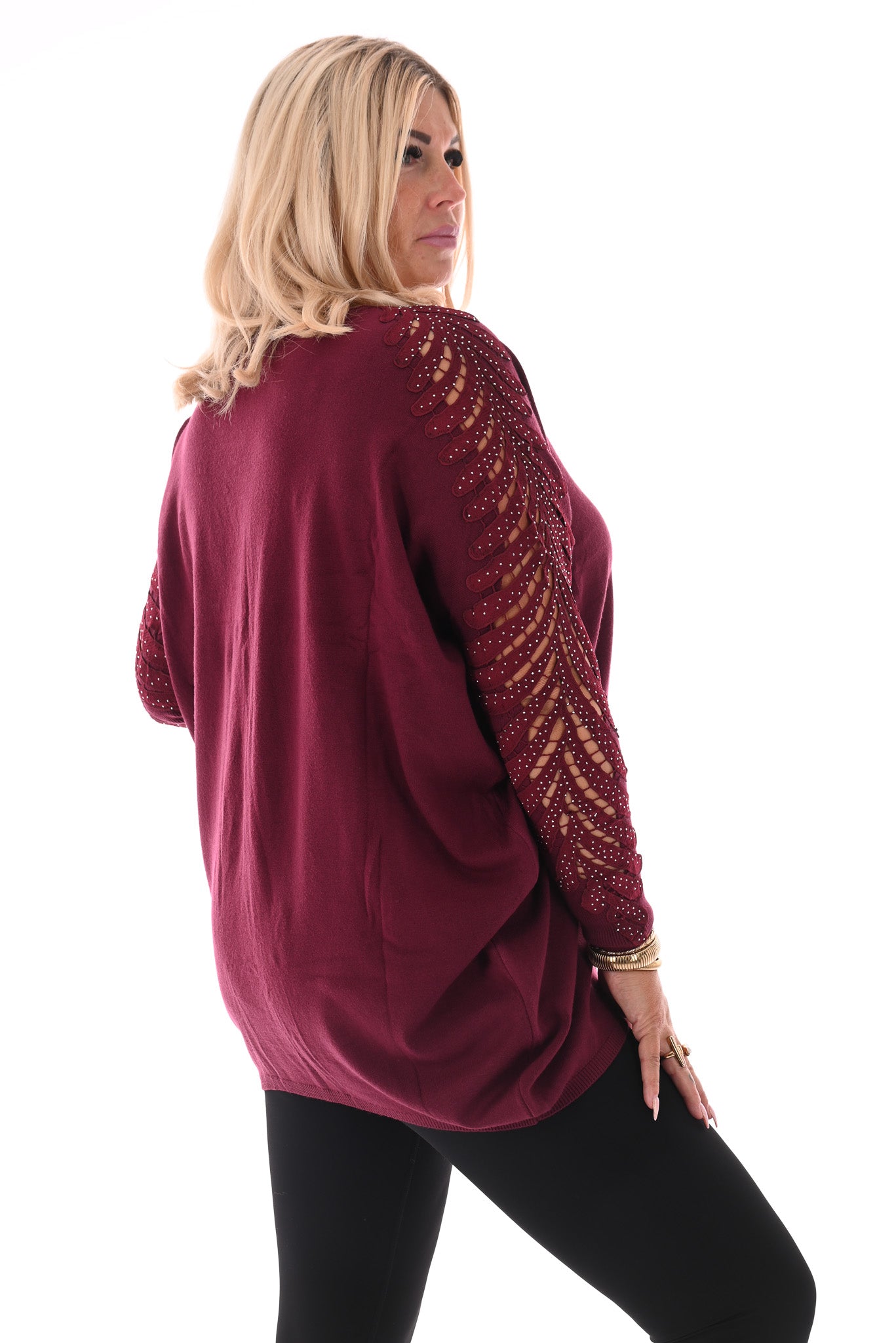 Trui met mouwdetail en strass bordeaux