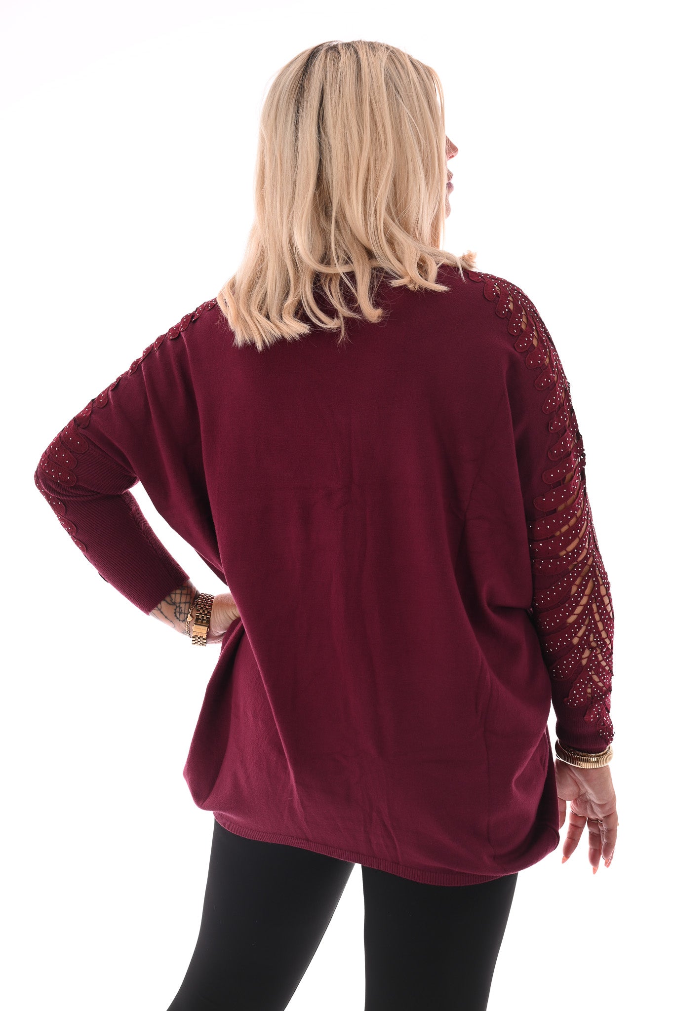 Trui met mouwdetail en strass bordeaux