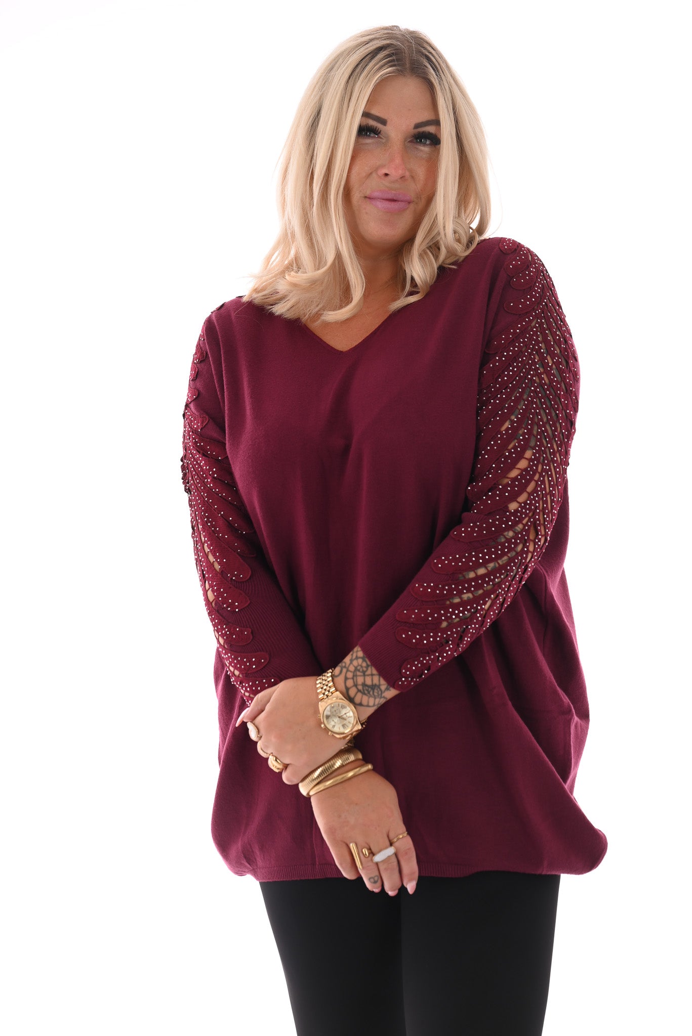 Trui met mouwdetail en strass bordeaux