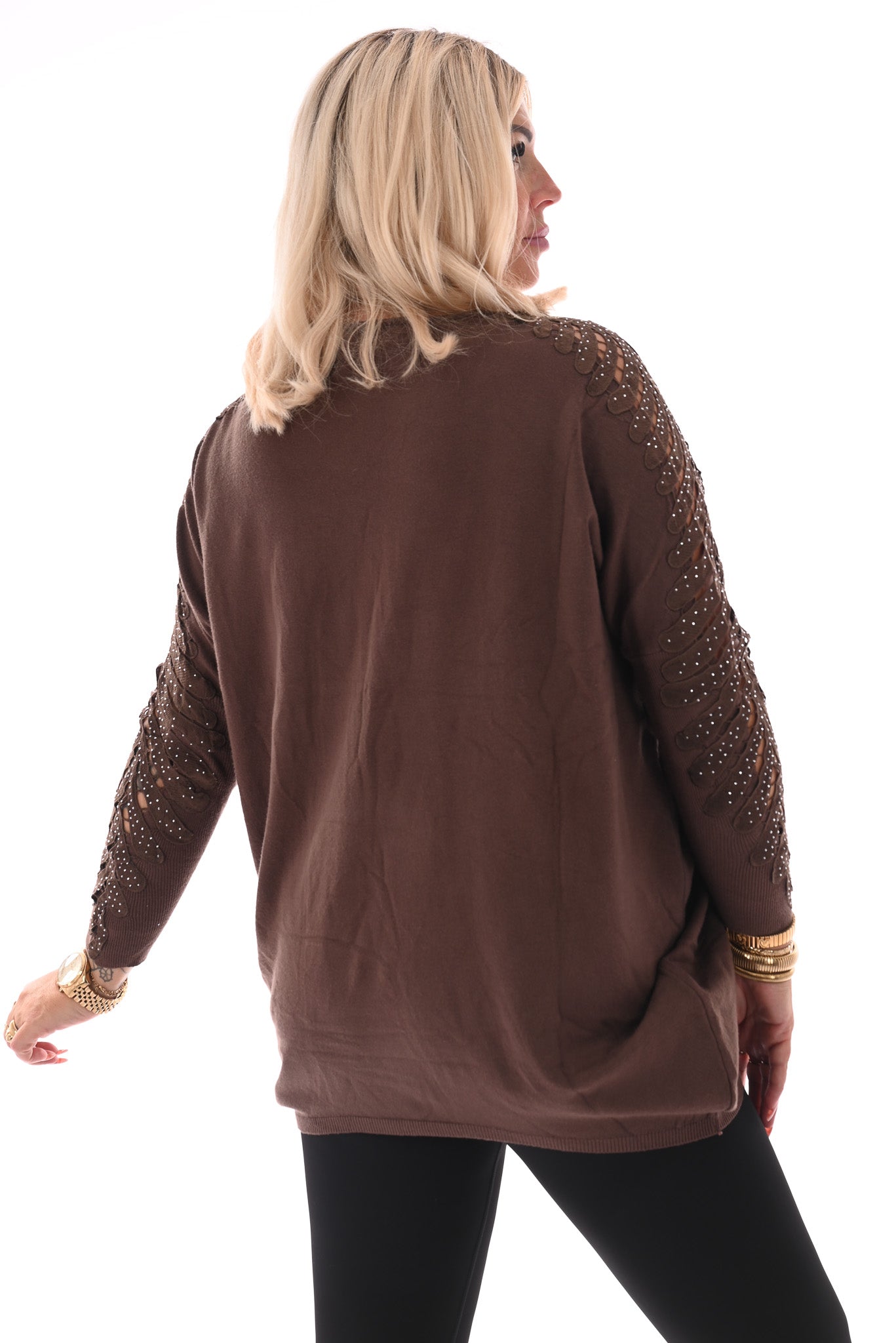 Trui met mouwdetail en strass bruin