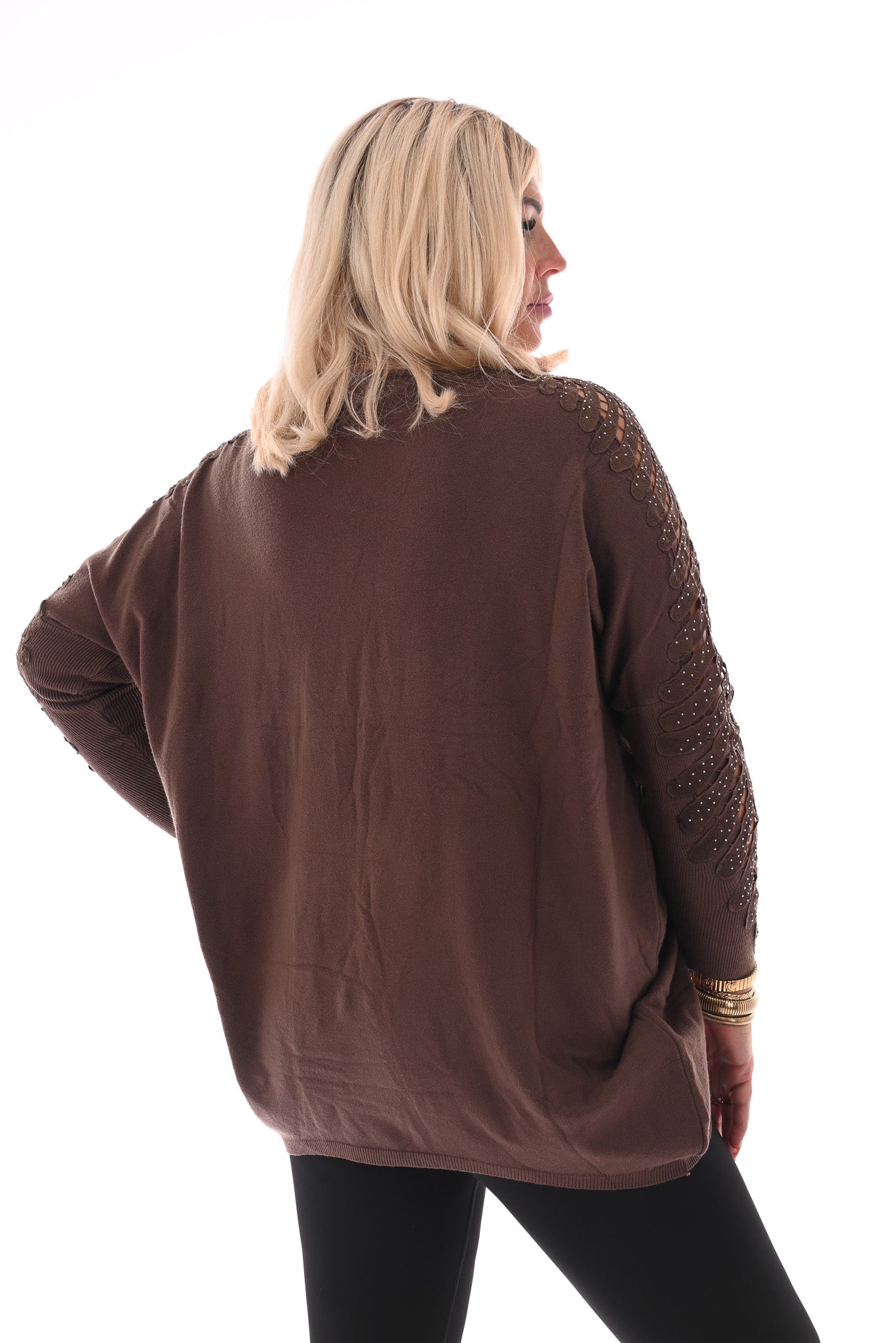 Trui met mouwdetail en strass bruin