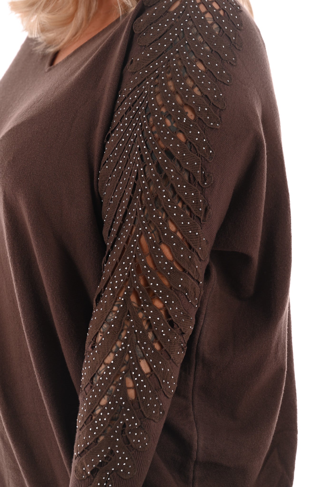 Trui met mouwdetail en strass bruin