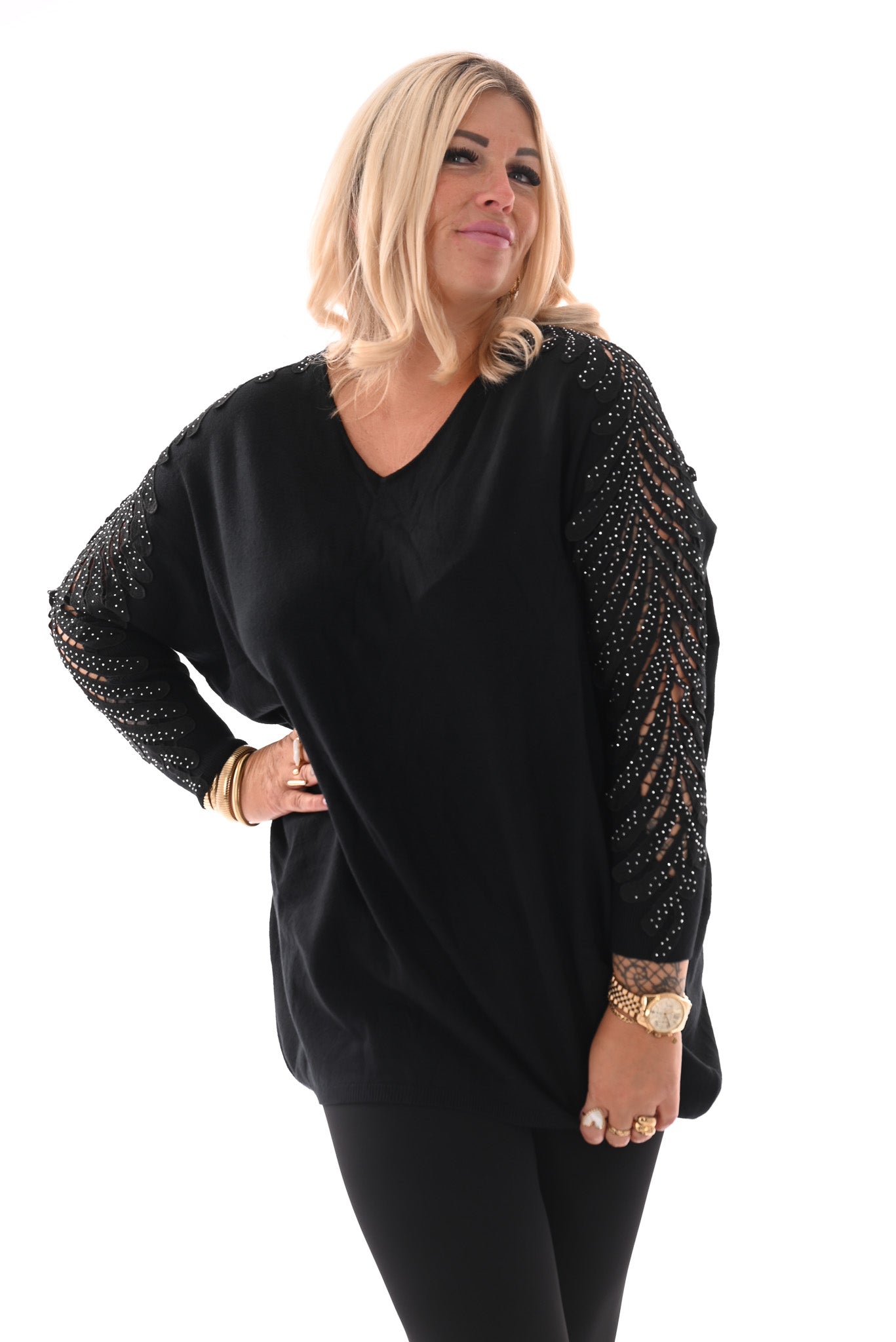 Trui met mouwdetail en strass zwart