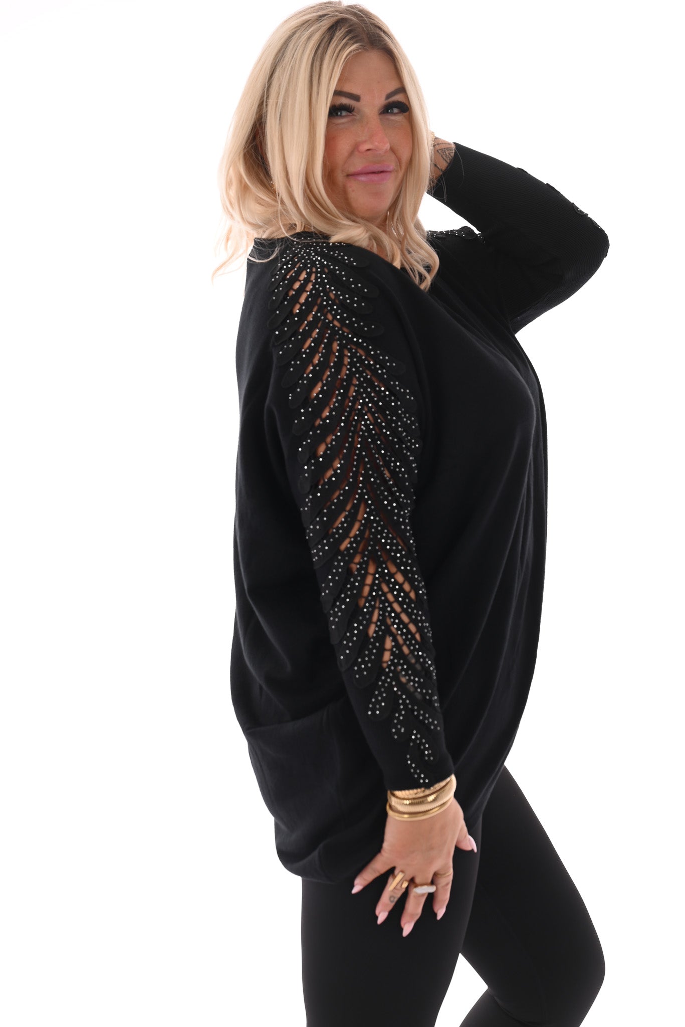Trui met mouwdetail en strass zwart