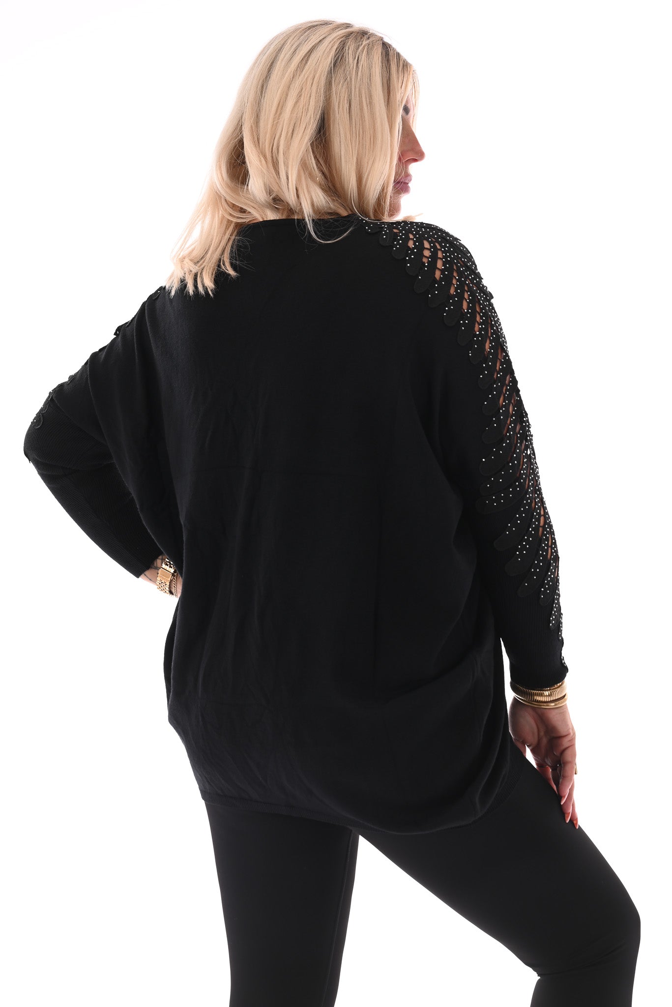 Trui met mouwdetail en strass zwart