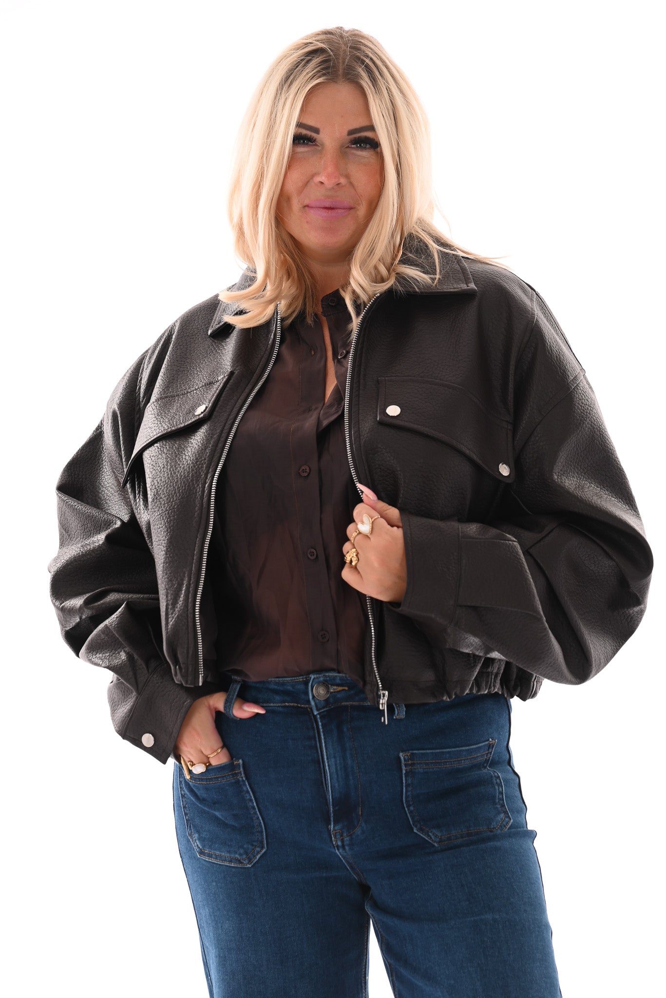 Leatherlook bomber donkerbruin