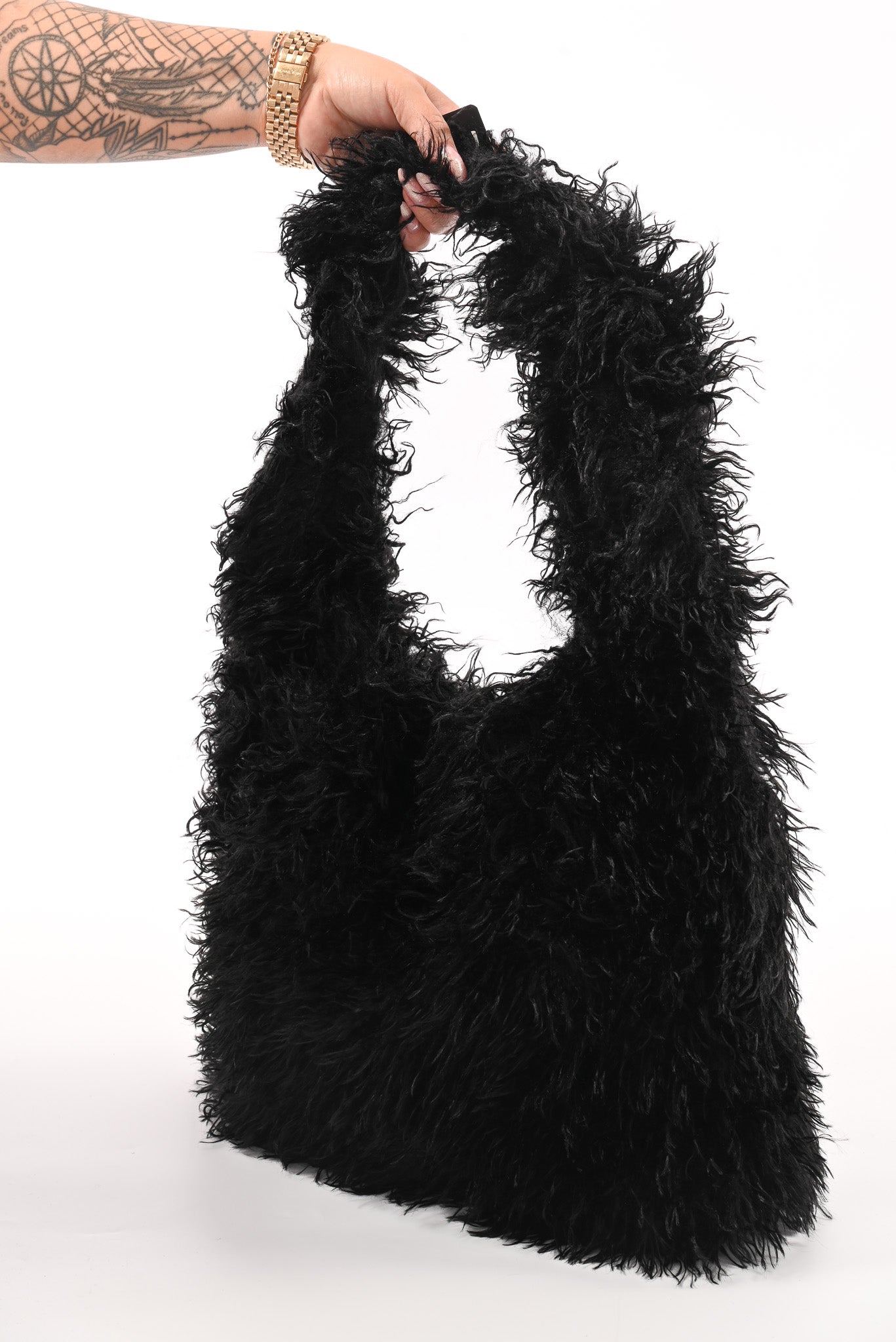 Wavy faux fur schoudertas zwart