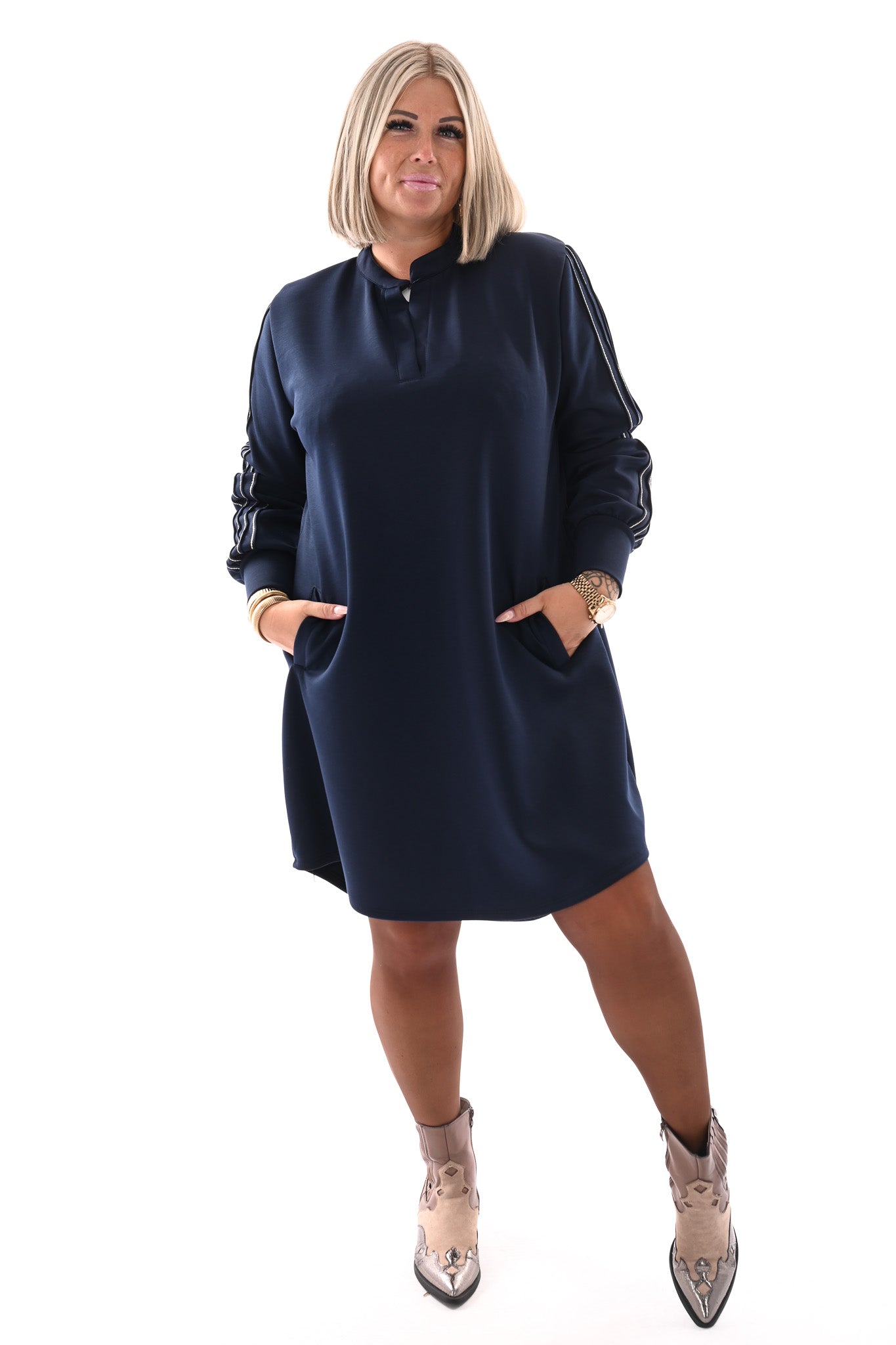Tuniek deluxe v-hals gouden bies marineblauw