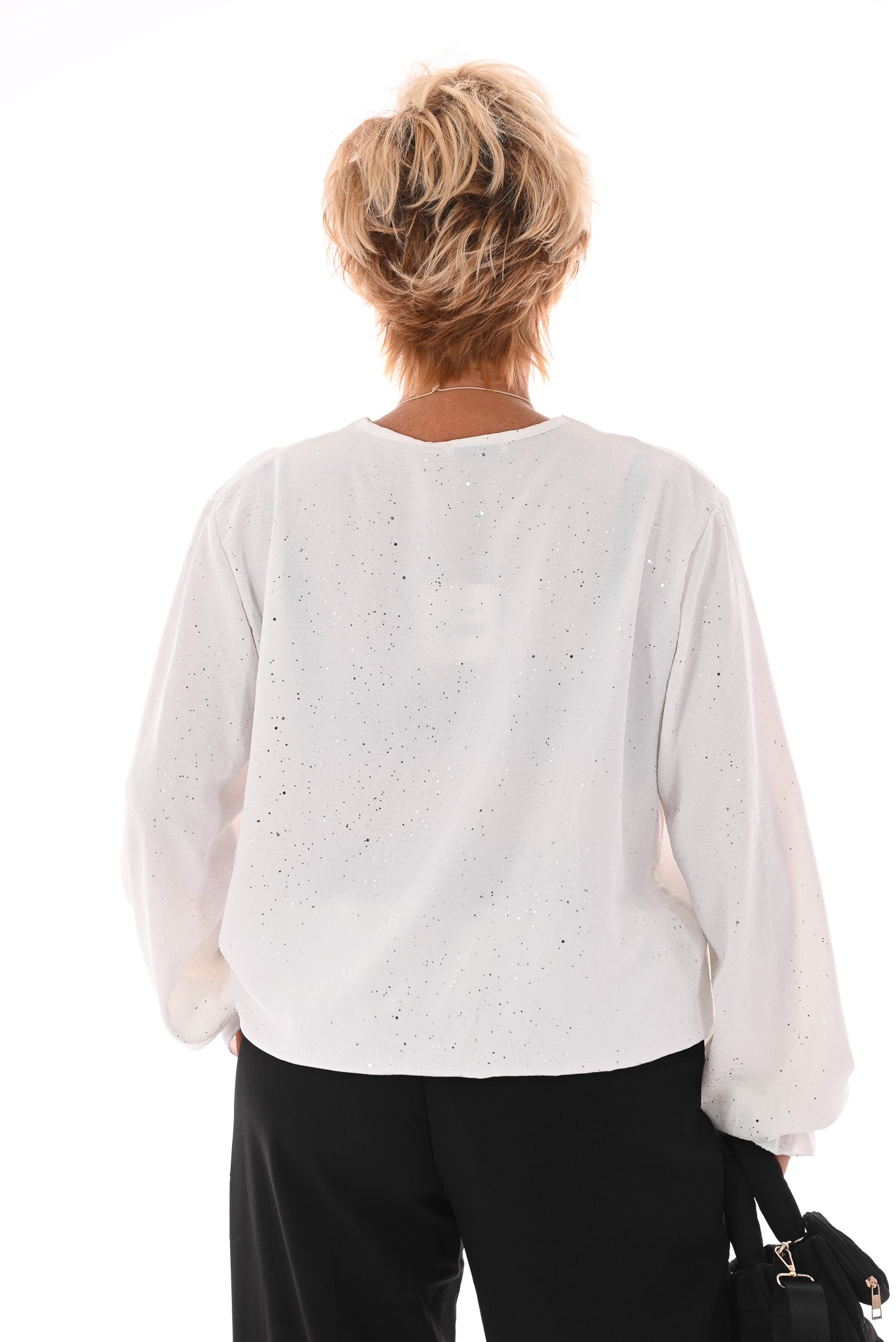 Top v-hals glitter trompetmouwen met ketting wit