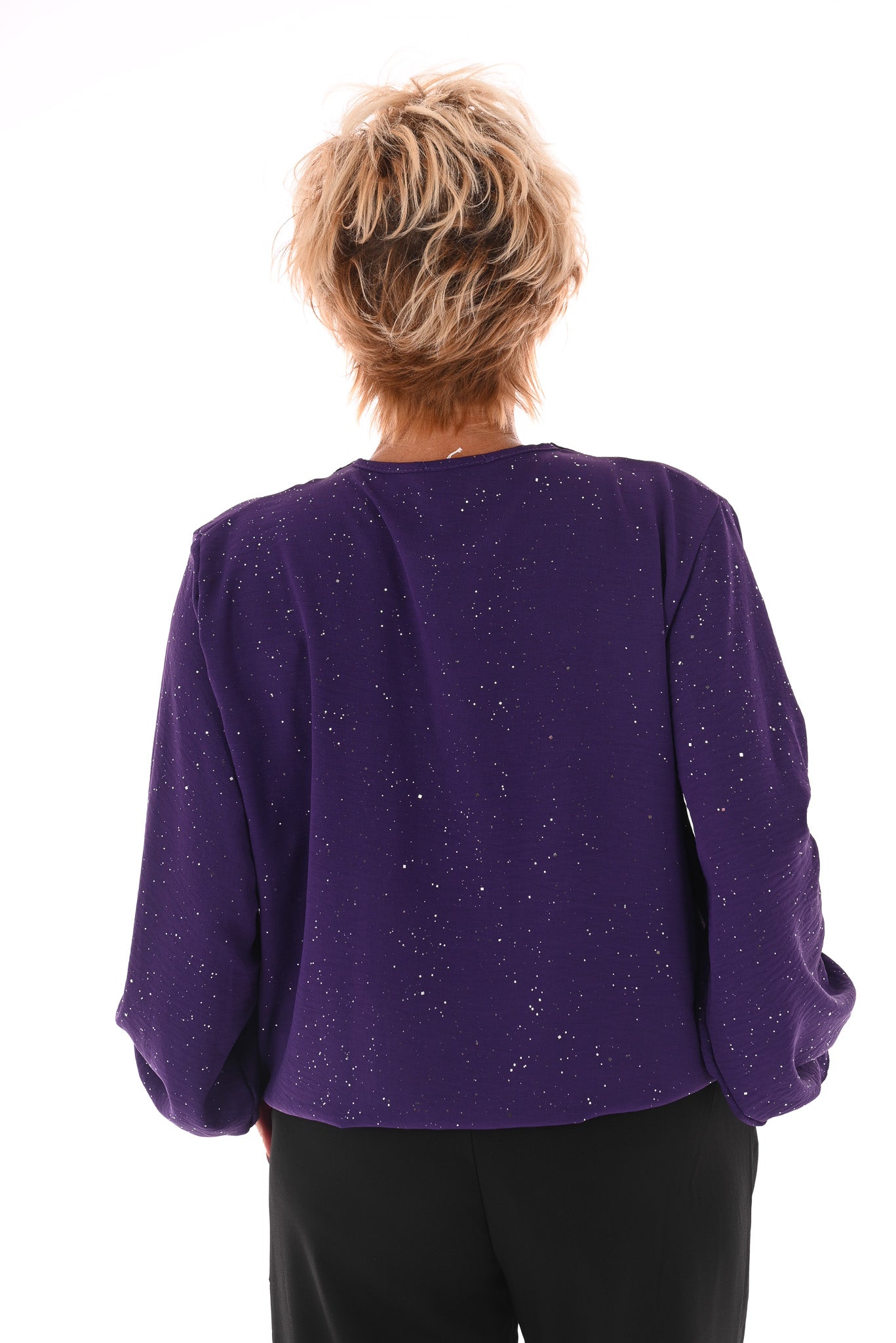 Top v-hals glitter trompetmouwen met ketting paars
